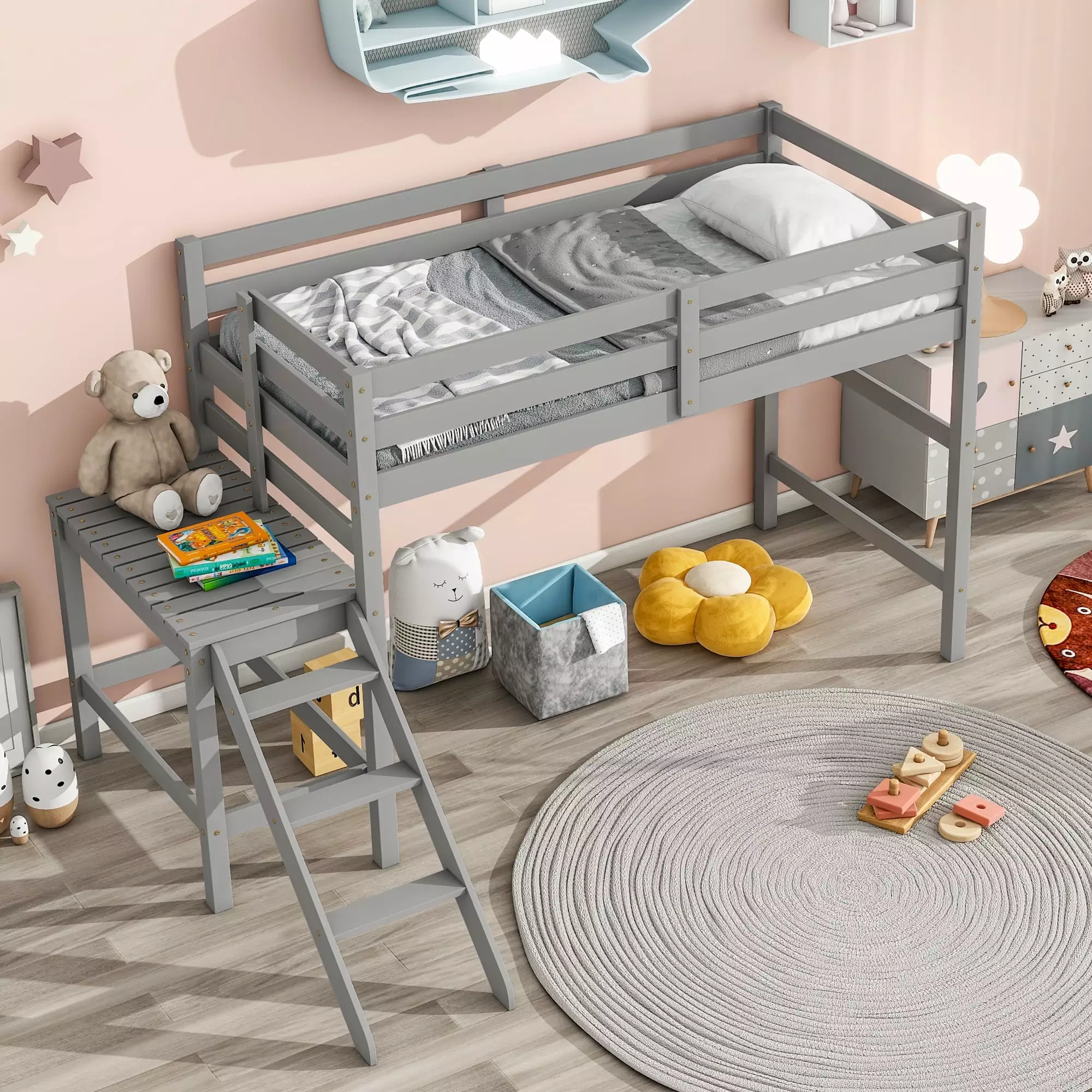 Aukfa Twin Loft Bed Platform and Ladder - Gray Wooden Low Loft Bed Kids and Teens