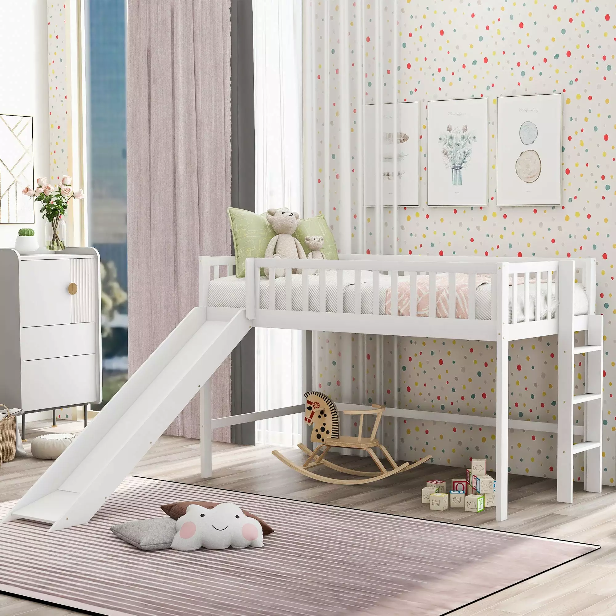 Aukfa Twin Loft Bed Slide Solid Wood Bed Frame Kids White