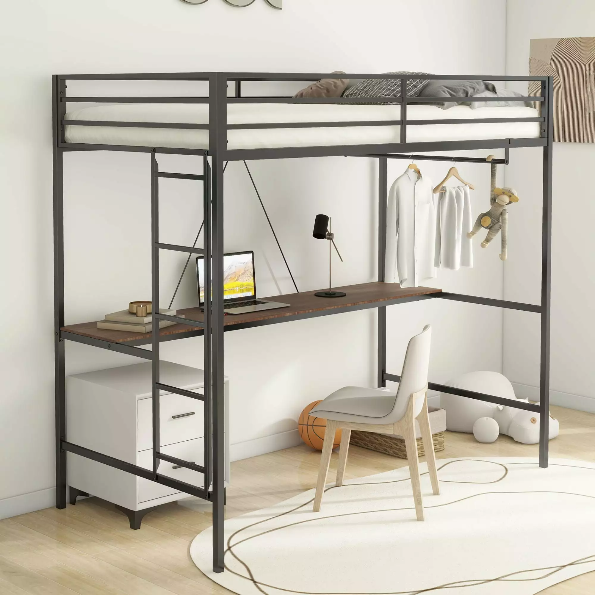 Black Aukfa Metal Twin Loft Bed Built- Desk and Closet Rod