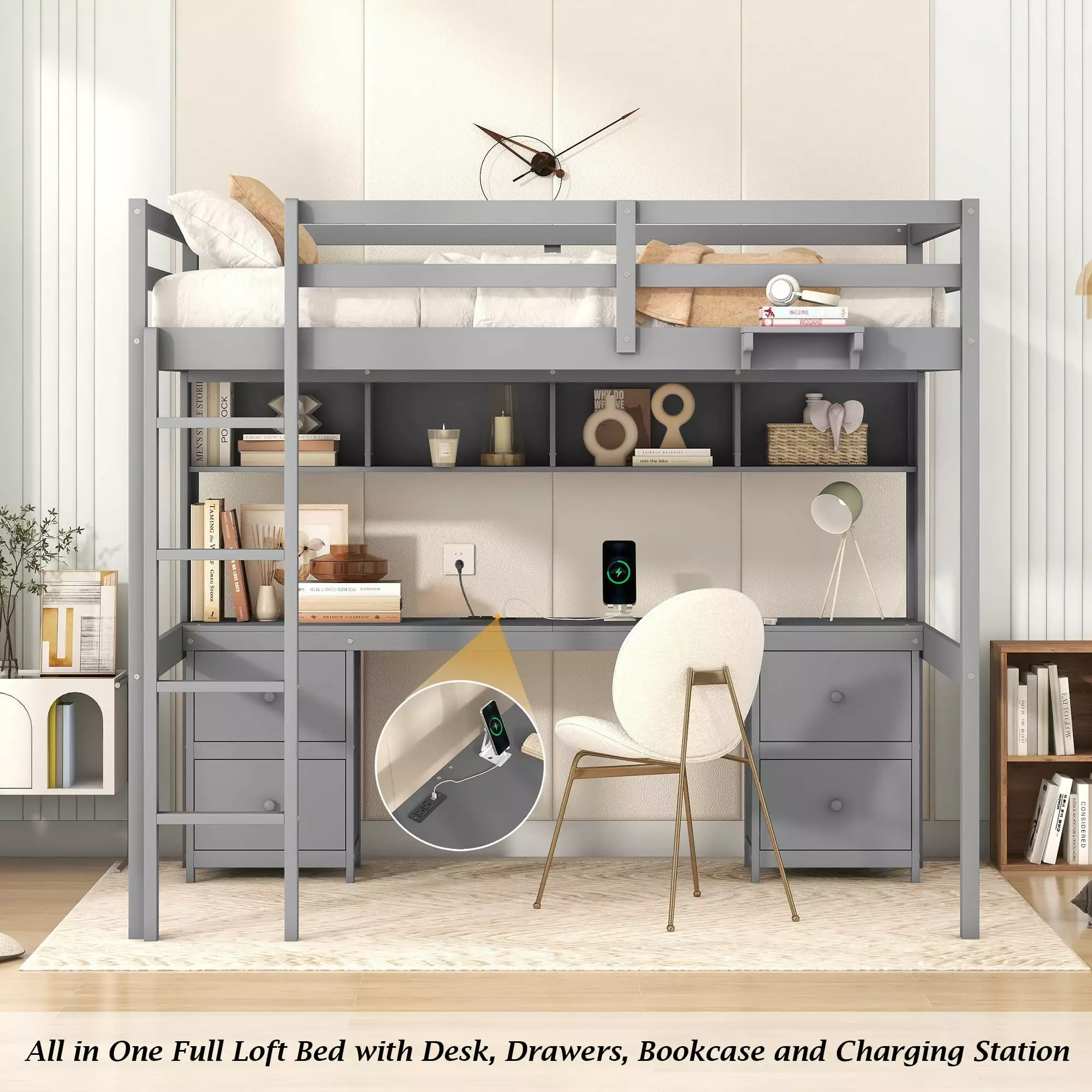 Bellemave Full Loft Bed Desk Bookcases and Drawers Wooden Loft Bed Charging Station and Bedside Shelf Full Bed Frame Guard...