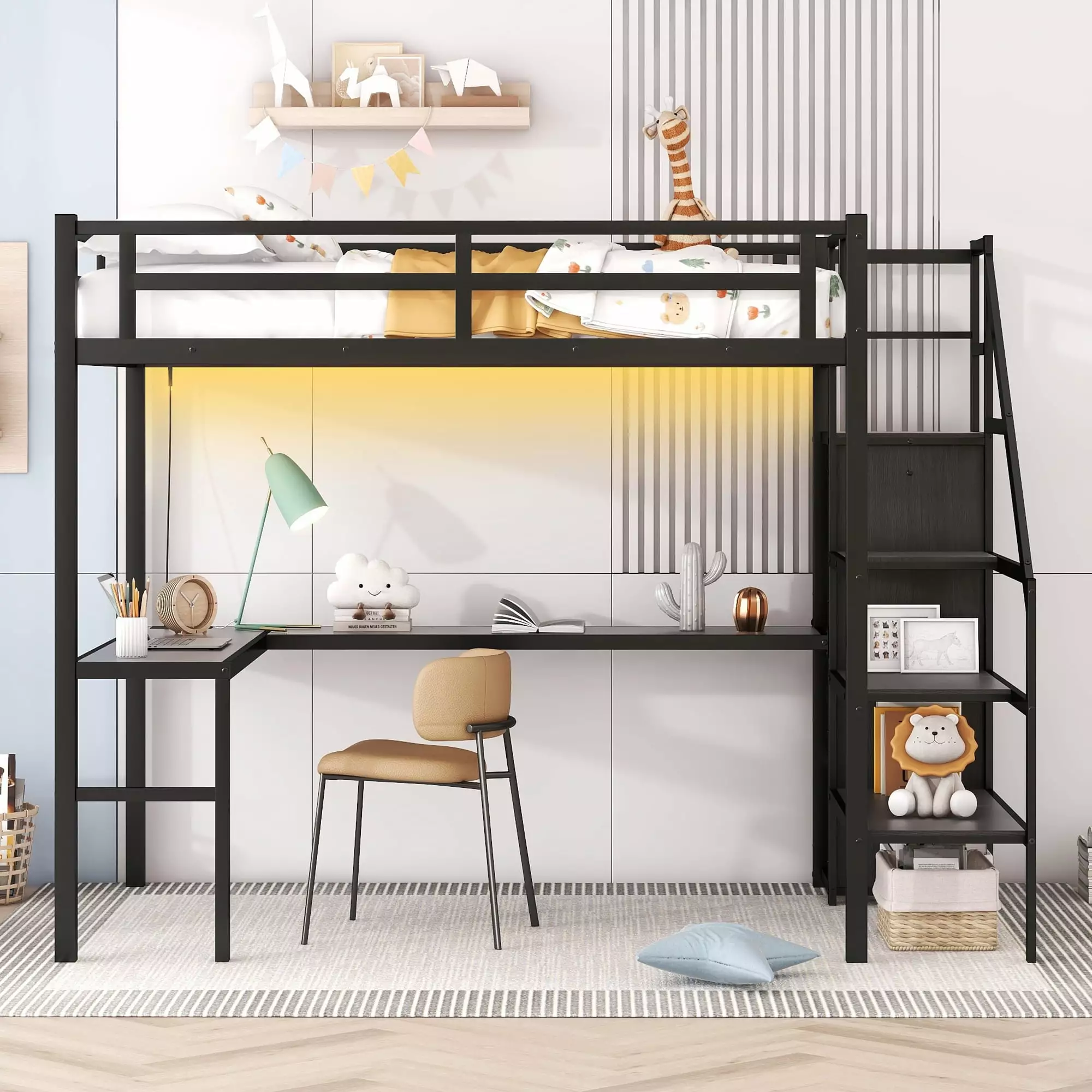 Bellemave Full Size Loft Bed Desk Wardrobe Storage Stairs USB LED Black Metal
