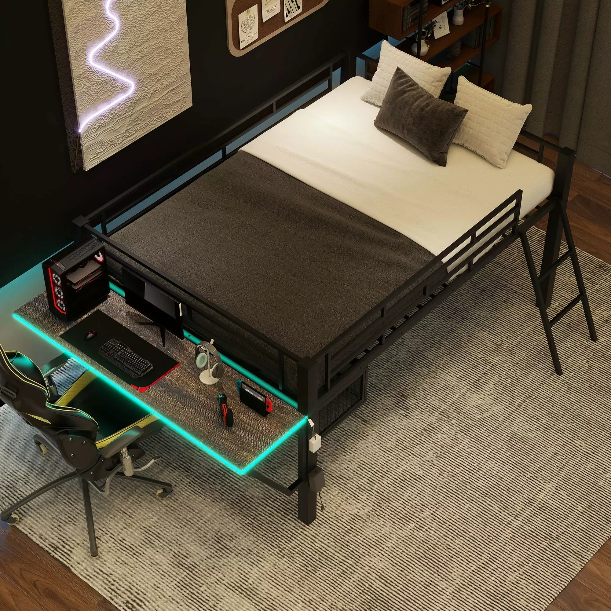 Bellemave Full Size Loft Bed Desk - Gaming Mid Loft Bed LED Lights Low Loft Bed Adults Teens Kids Black Underbed Storage