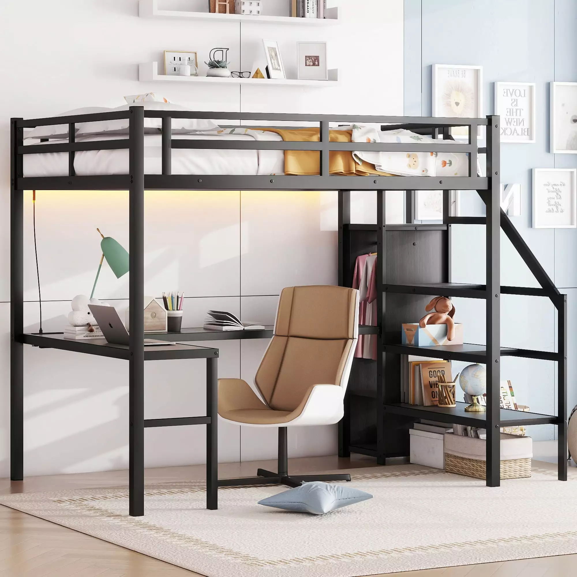 Bellemave Full Size Metal Loft Bed L-shaped Desk and Storage Staircase Black