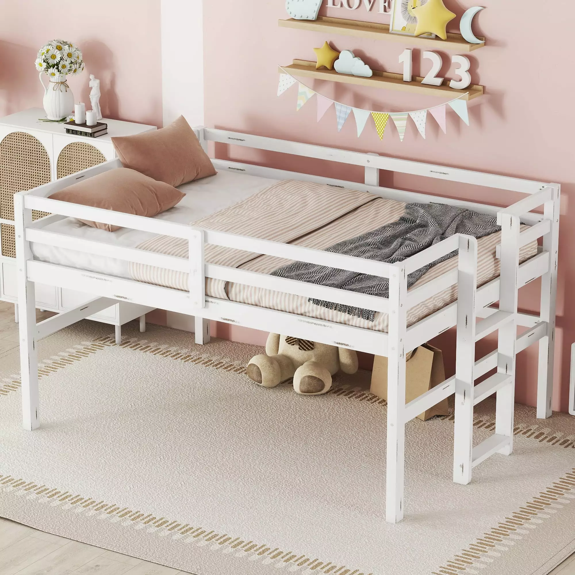 Bellemave 41 Inch Twin Loft Bed Ladder and Guard Rail White