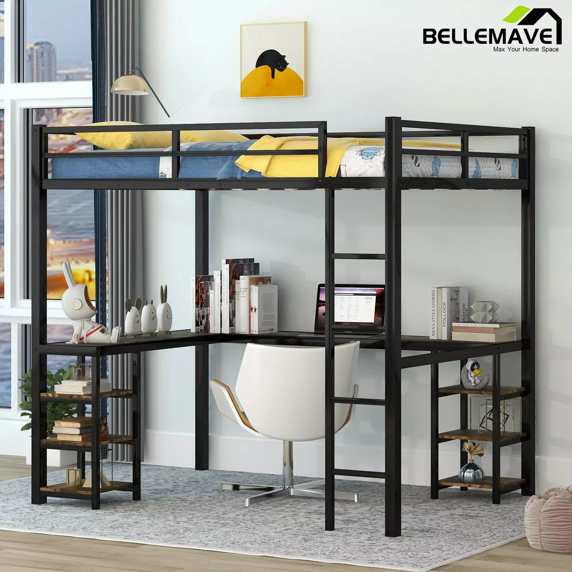 Bellemave Industrial Full Size Loft Bed Desk and 6 Storage Shelves - Metal Bed Frame Teens