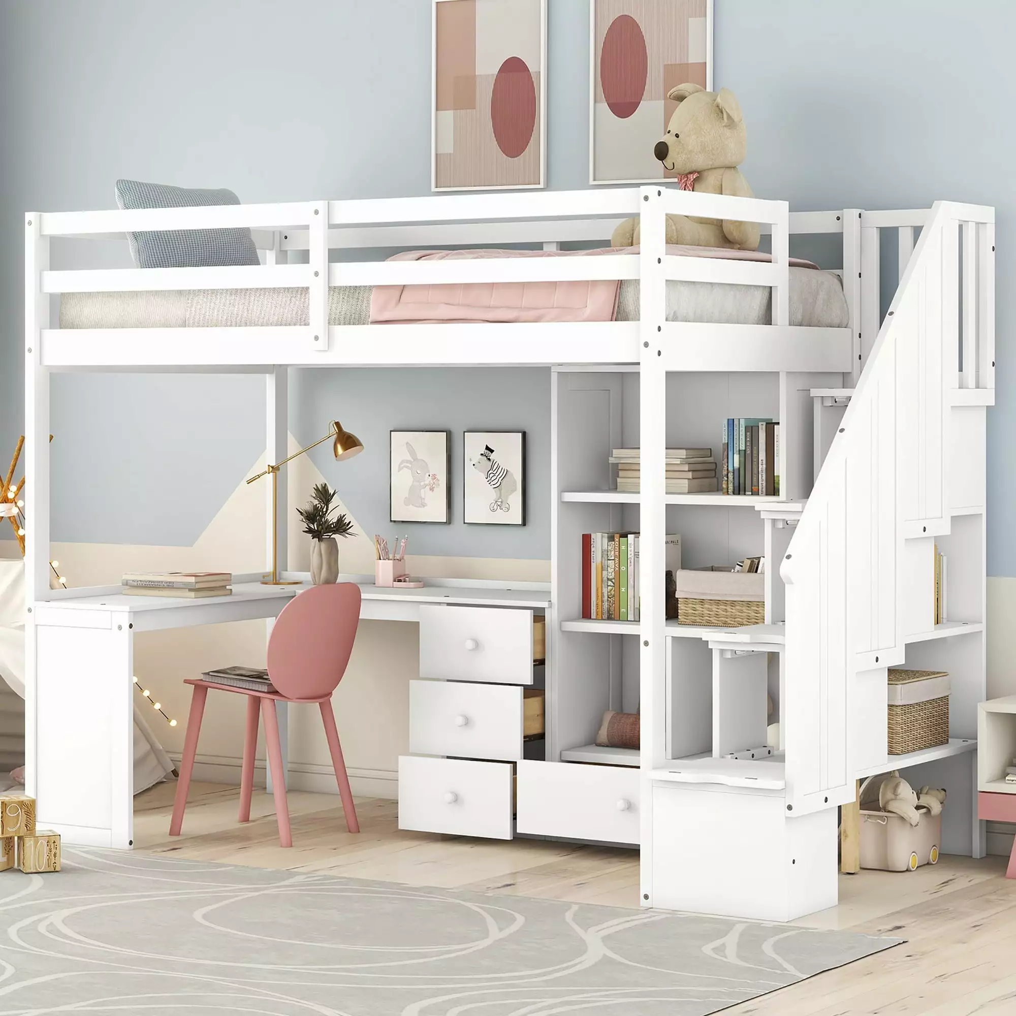 Bellemave Loft Bed Desk and Stairs Wood Twin Size Loft Beds Frame 4 Storage Drawers and 4 Shelves Kids Teens White