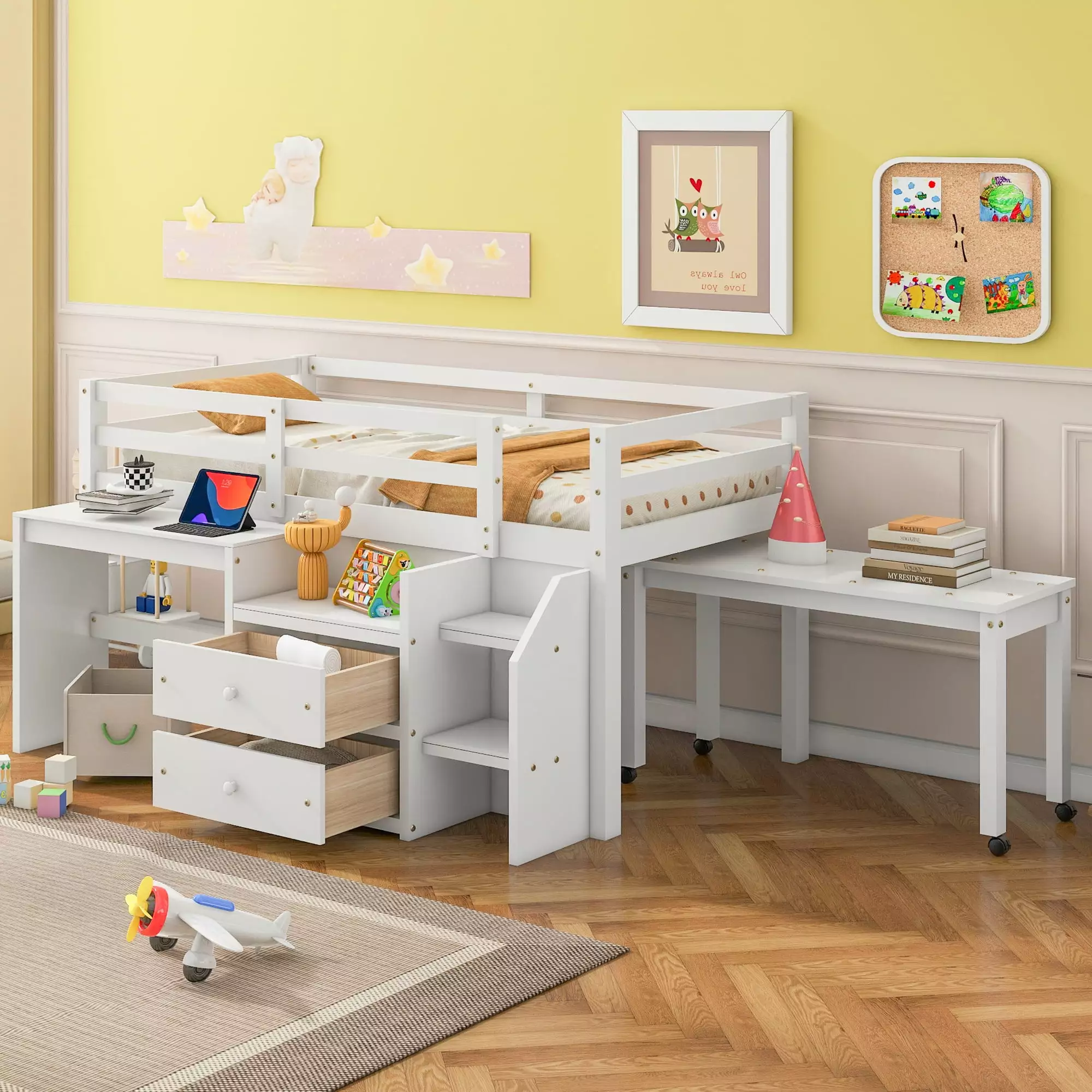 Bellemave Low Loft Bed Desk Wood Twin Size Loft Bed Storage Drawers Kids Boys Girls White