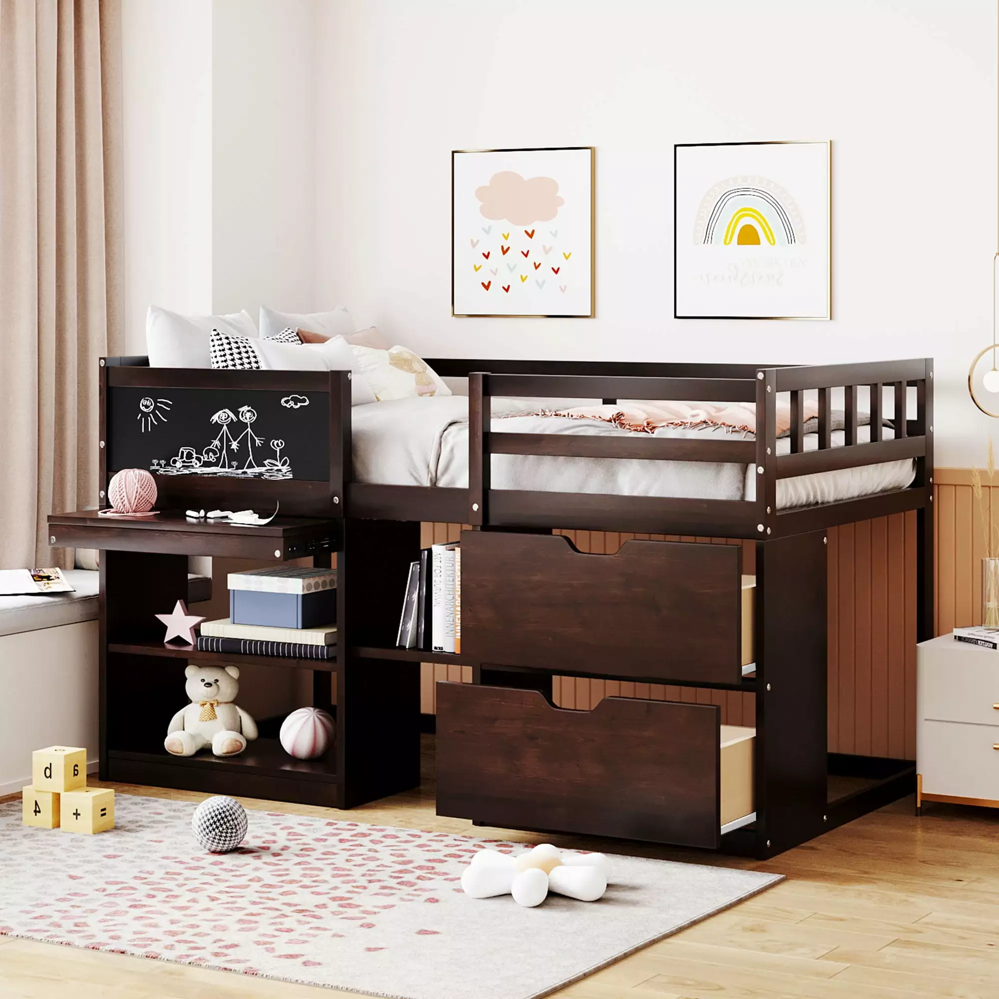 Bellemave Low Loft Bed Storage Drawers and Chalkboard Espresso