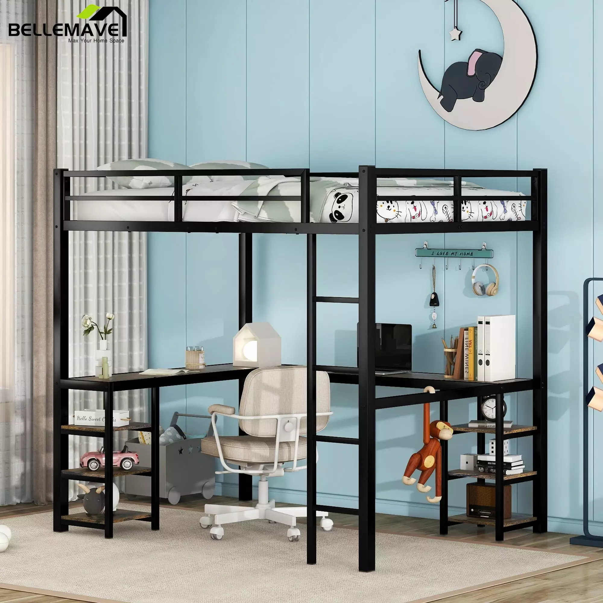 Bellemave Metal Full Size Loft Bed L-shaped Desk Kid Teens 6-Shelves Full-Length Guardrail Stairs Kids Loft Bed Bedroom Black