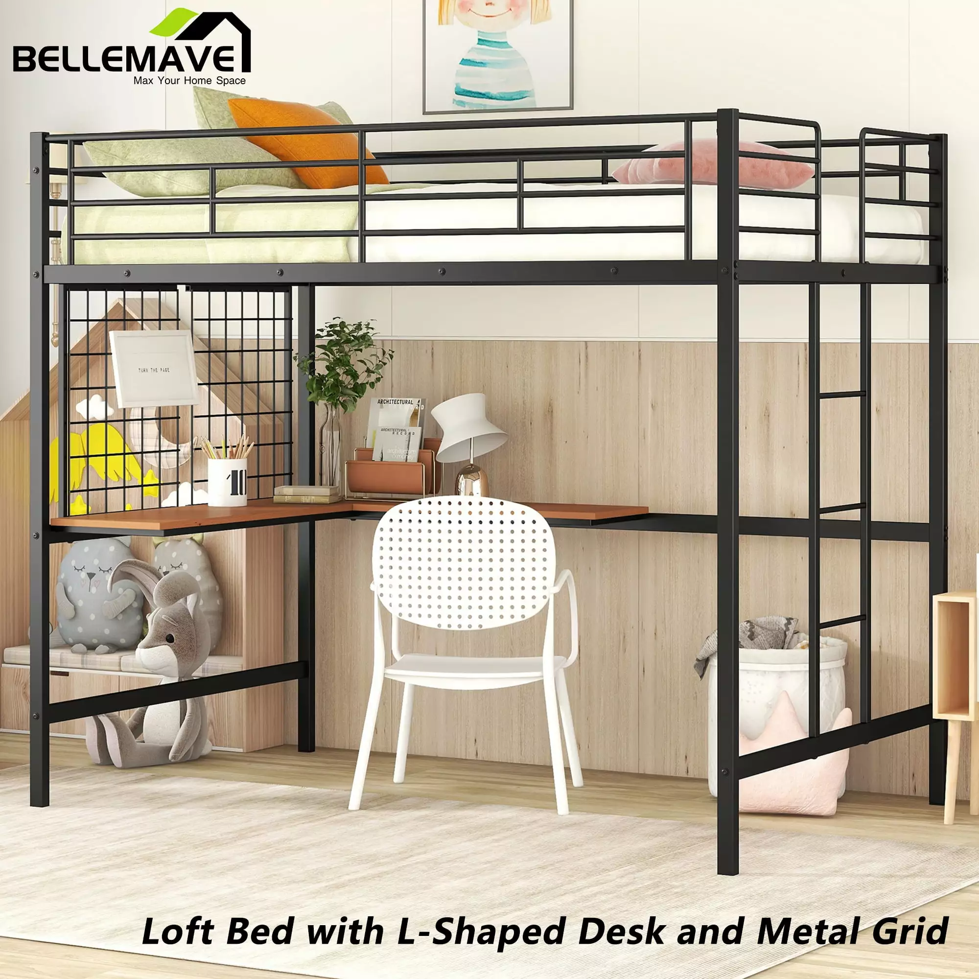 BELLEMAVE Metal Loft Bed Desk and Metal Grid Full Size Loft Bed Build Ladder and Guardrail Full Loft Bed Kids Teens Black