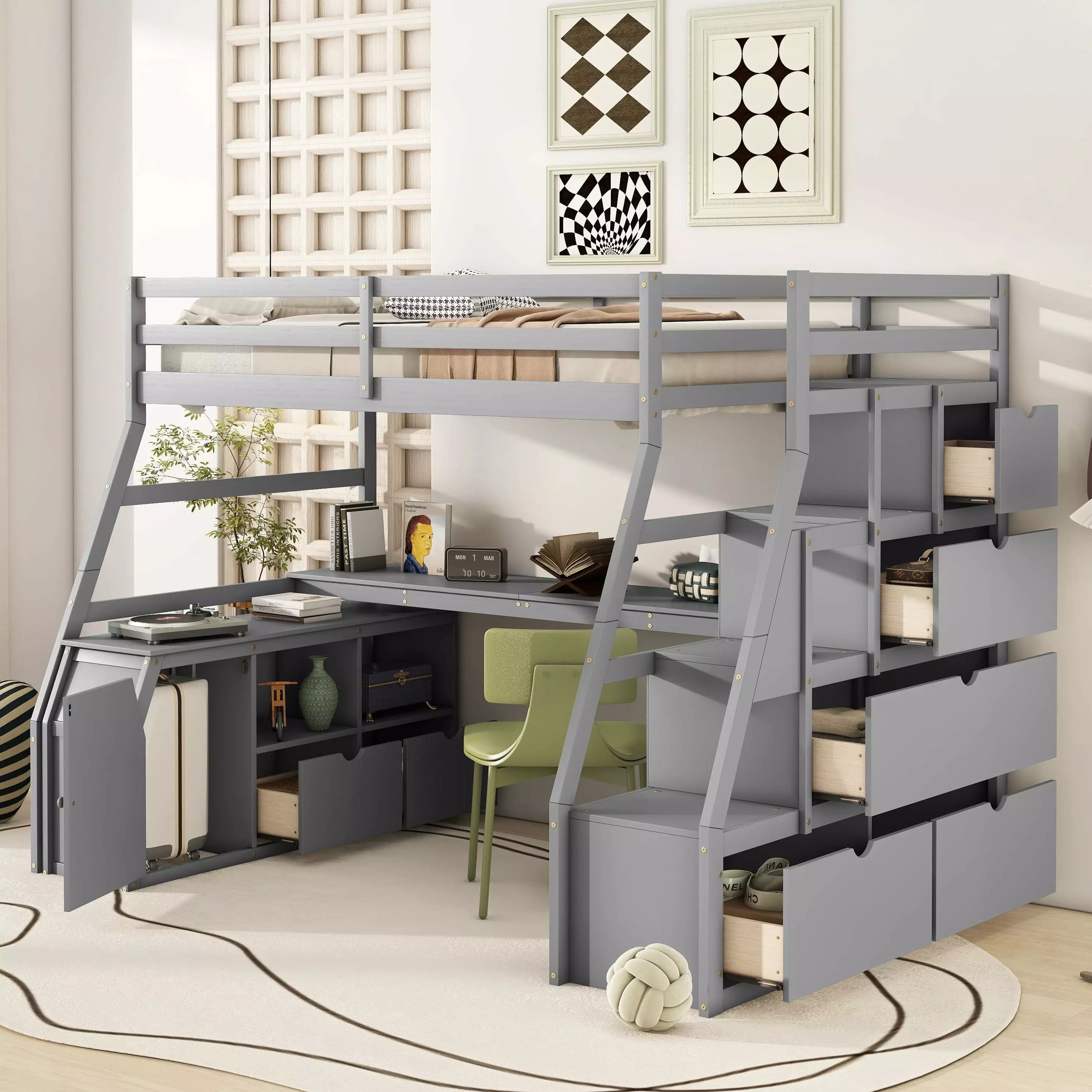 Bellemave Twin Loft Bed Stairs Desk 7 Storage Drawers 2 Shelves Kids Teens Adults Gray