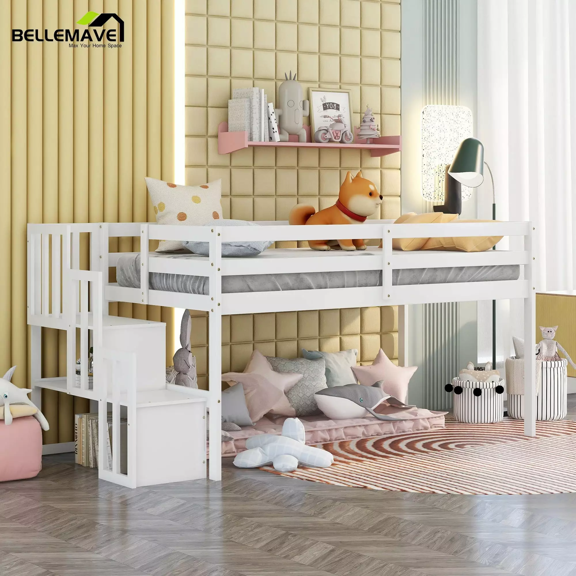 Bellemave Twin Loft Bed Stairs and Storage Wood Low Loft Bed Kids and Teens White