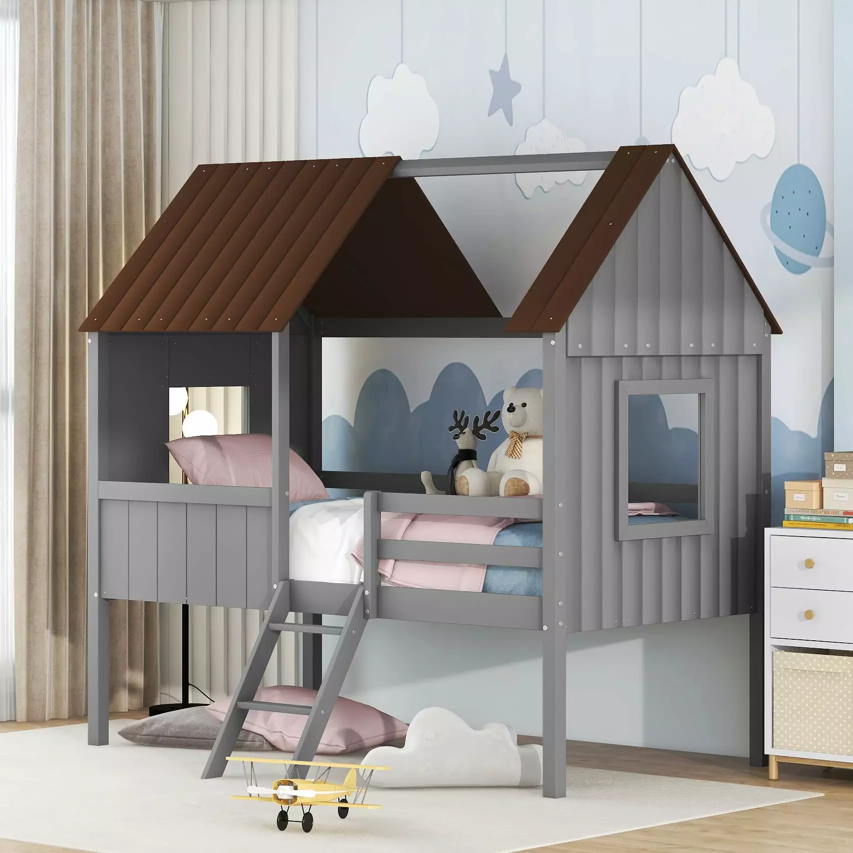 Bellemave Twin Size Kids Loft Bed Wood Frame Gray and Brown Toddlers and Juniors