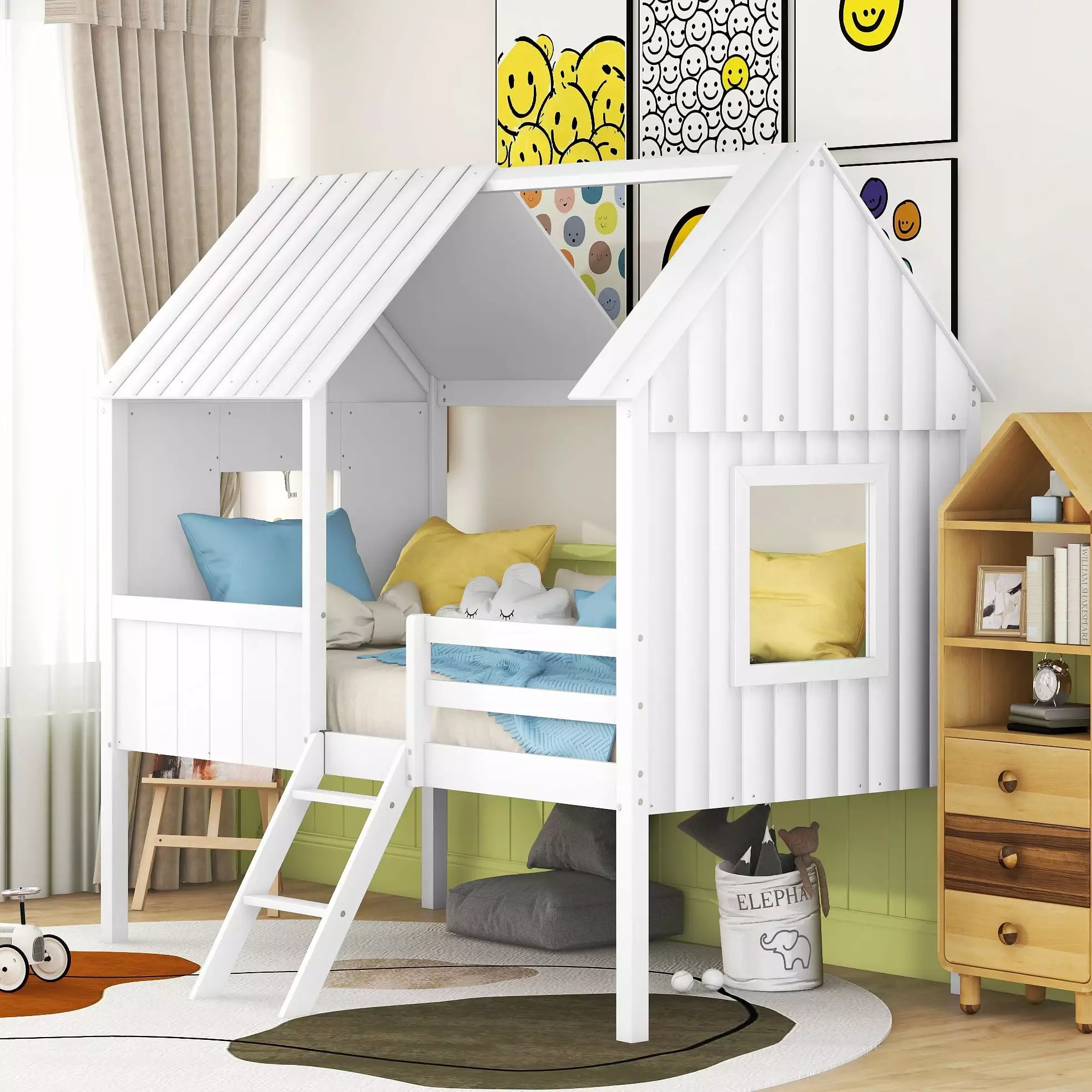 Bellemave Twin Size Low Loft Bed Two Side Windows - Wood Loft Bed Frame Kids Boys Girls White