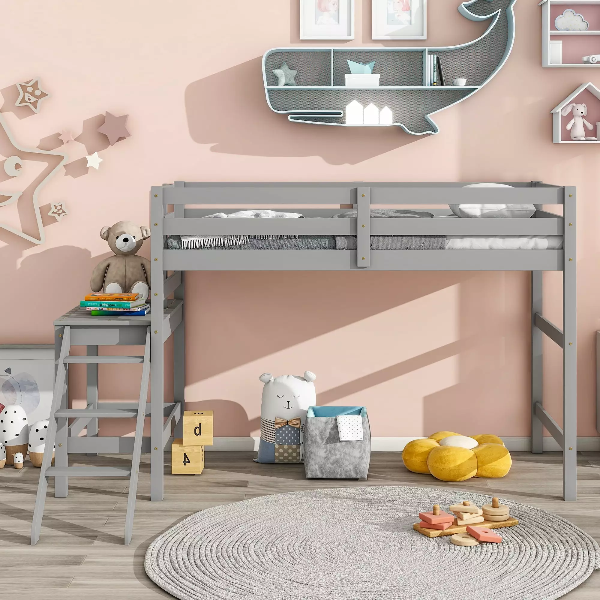 Bellemave Twin Wood Loft Bed Full-length Protectty Rail and Ladder Space-Saving Low Loft Bed Gray