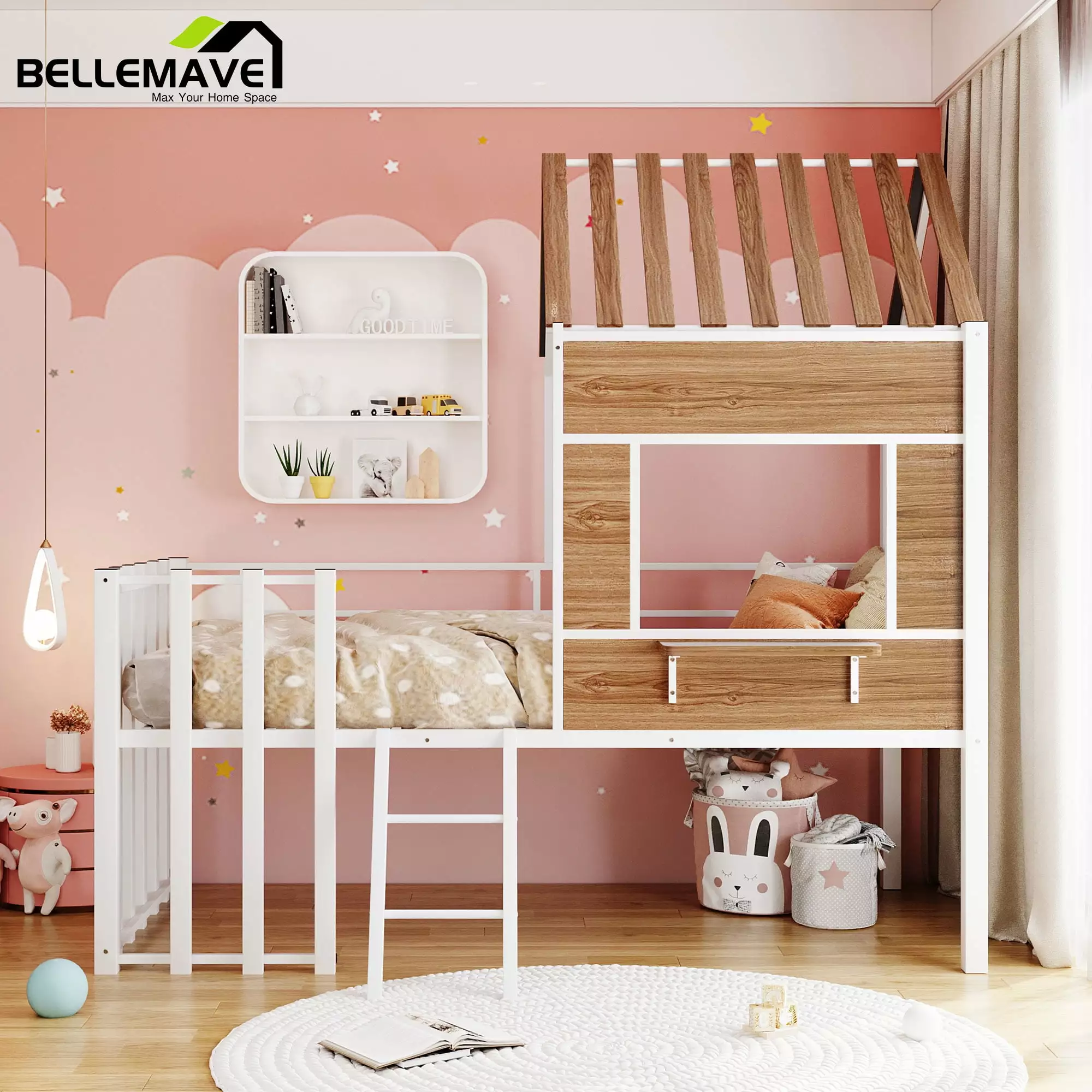 Bellemave White Metal Frame Twin Size Loft Bed Kids Roof and Window - Guardrail and Ladder Included
