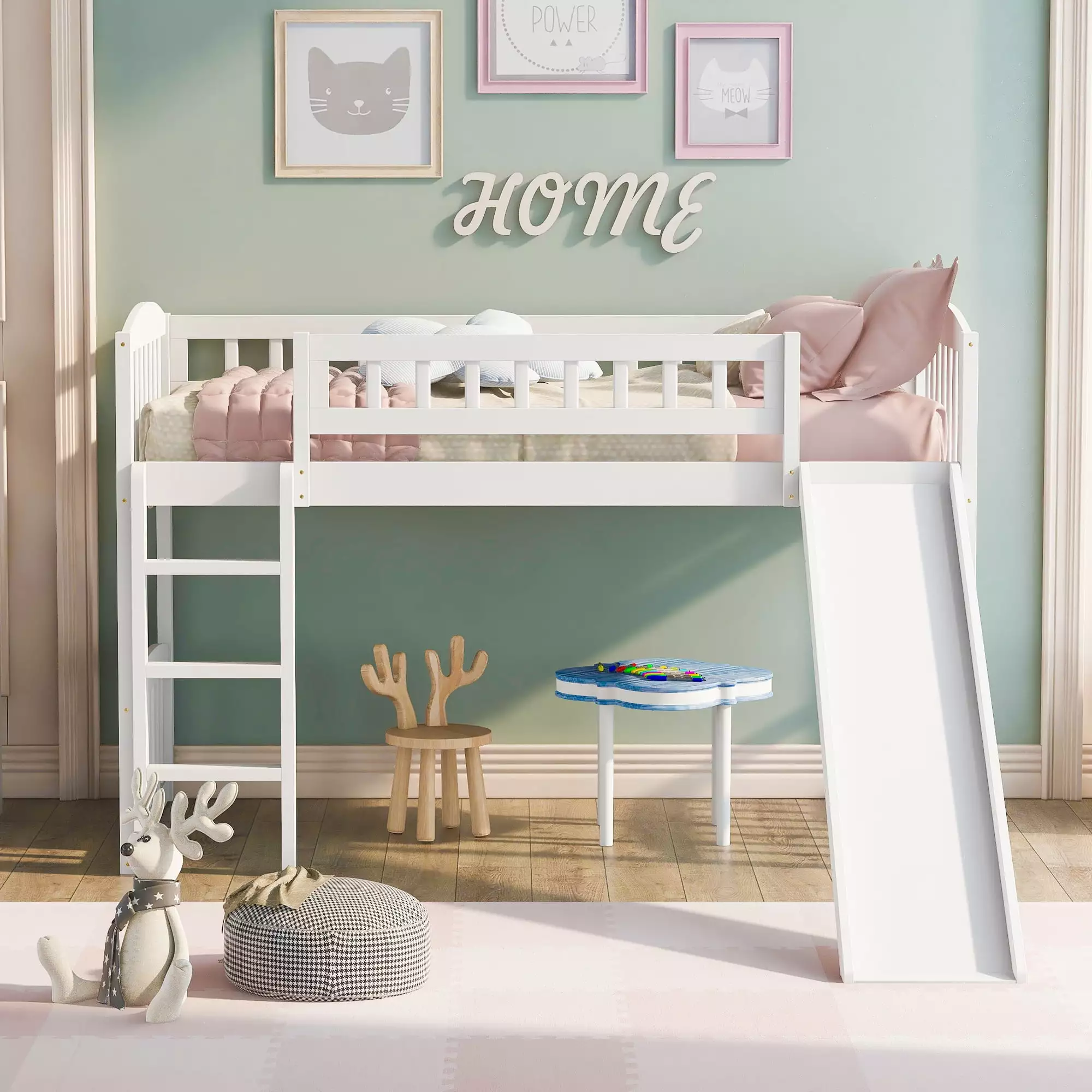 Bellemave Wood Twin Size Low Loft Bed Slide Kids Loft Bed Frame Boys & Girls White