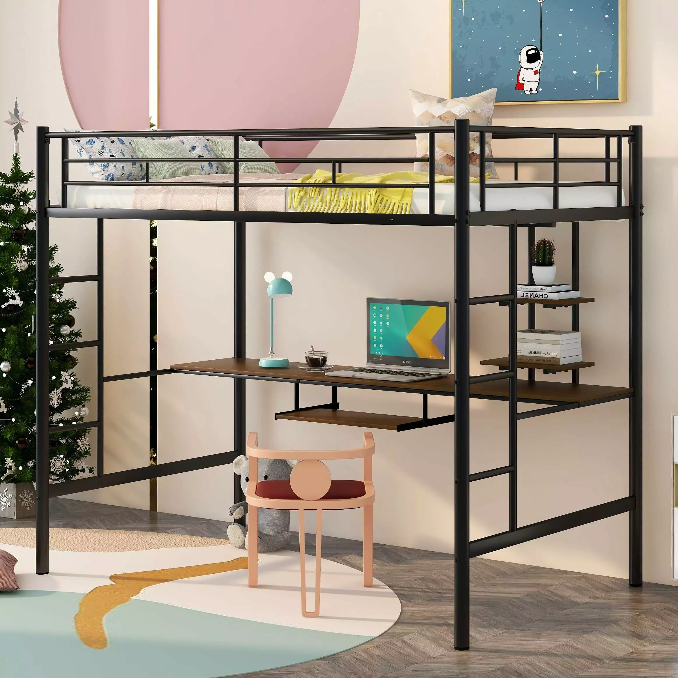 Full Size Loft Bed Desk and Shelves Metal Loft Bed Frame Built- 2 Ladders Space Saving Bellemave
