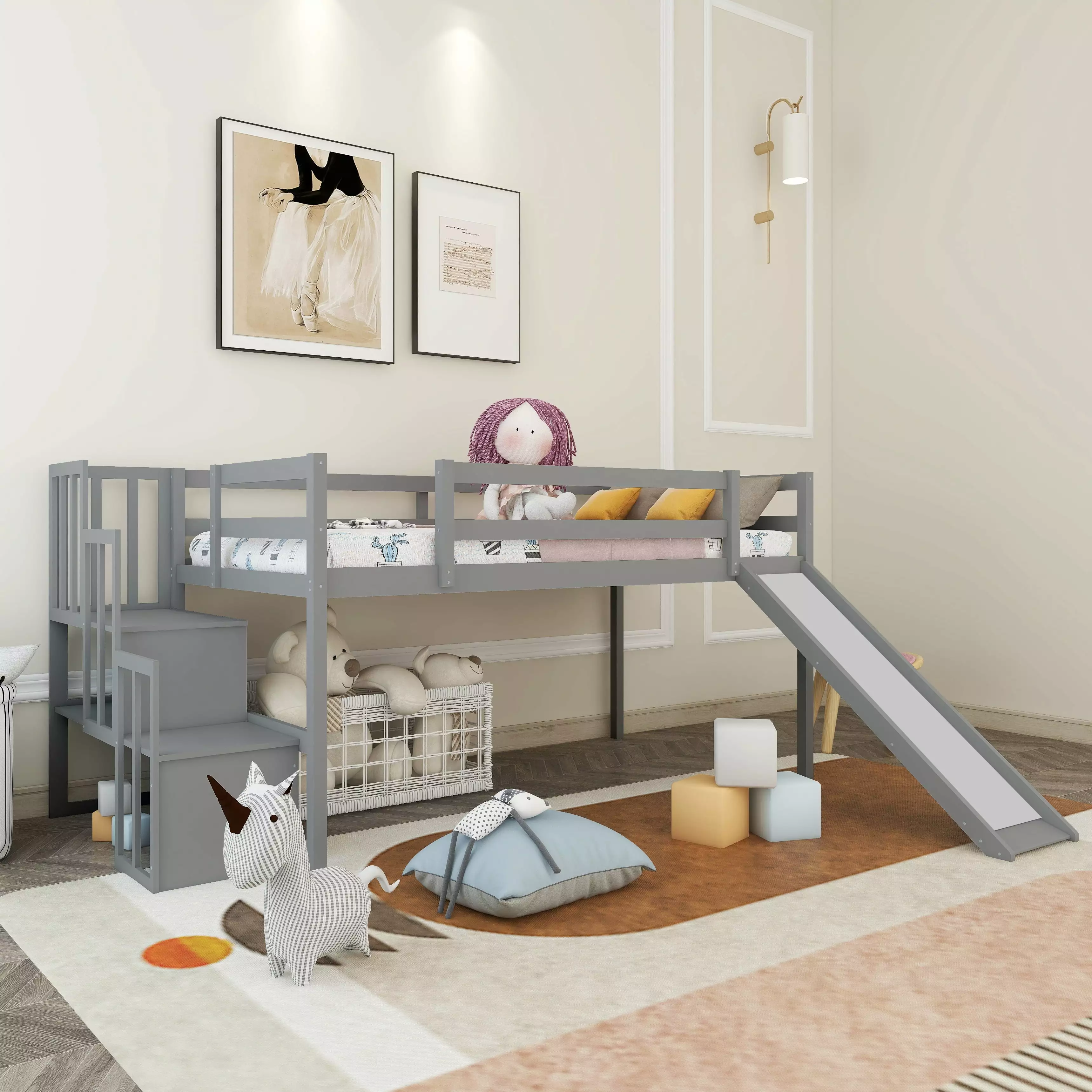 Low Loft Bed Slide Twin Size Wood Loft Bed Storage Stairs Kids Teens Gray Bellemave