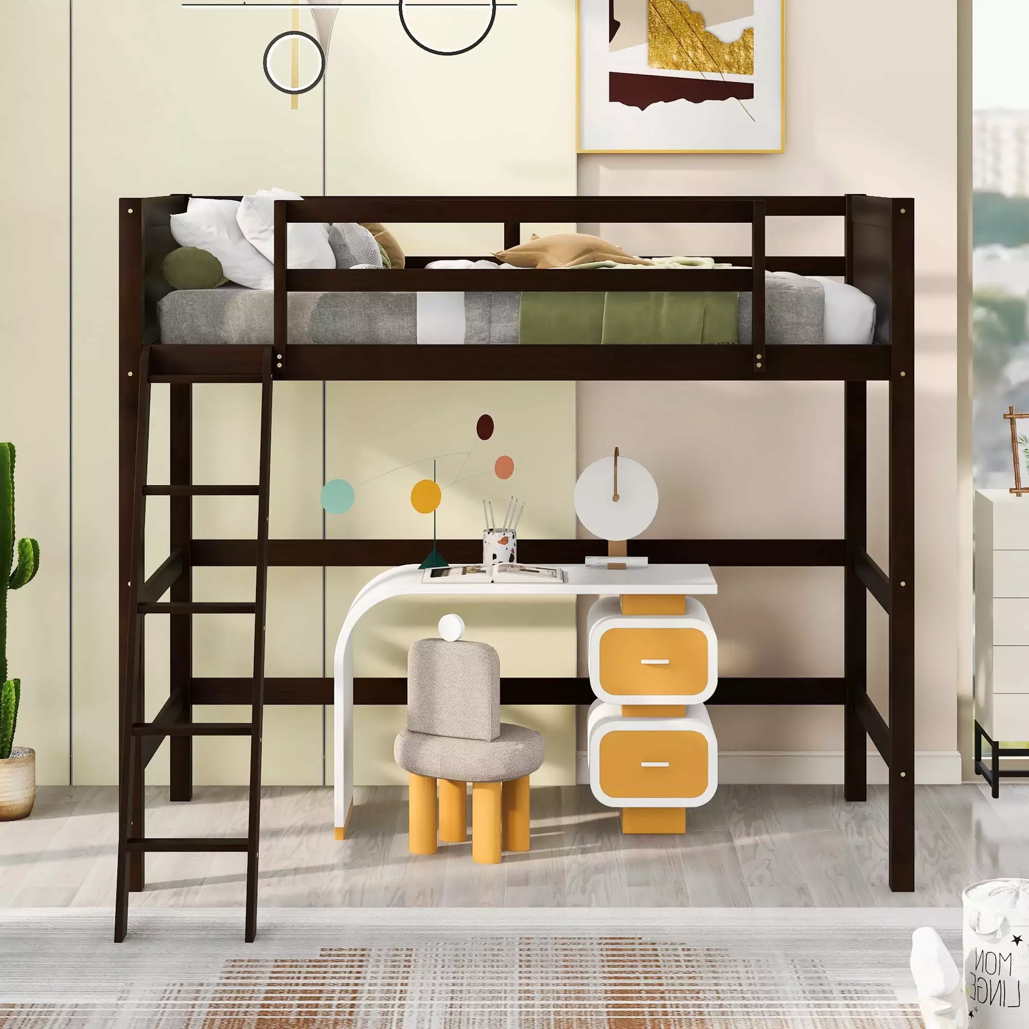 Twin Loft Bed Slanted Ladder Space Saving Wooden Loft Bed Kids Espresso Bellemave