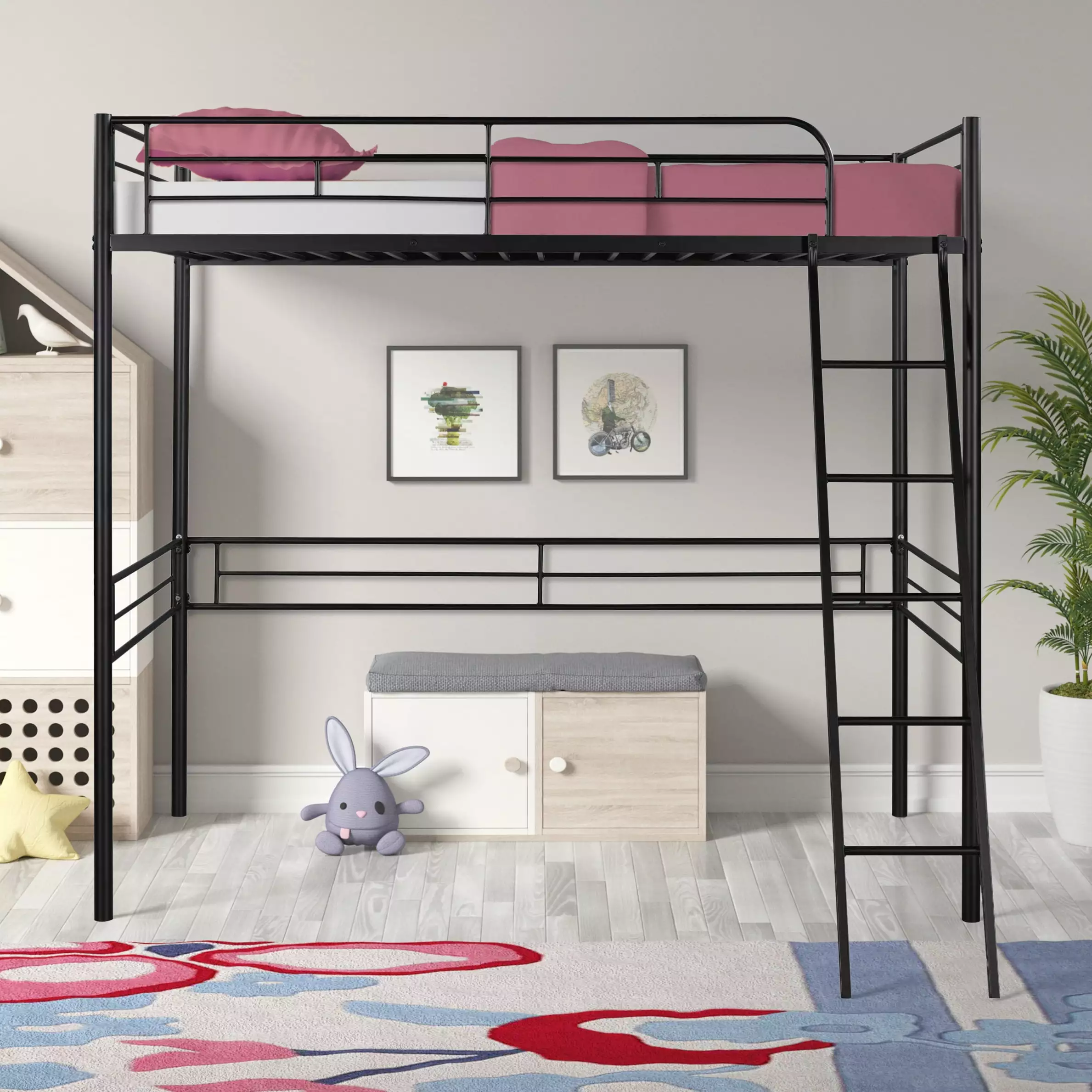 BTMWAY Metal Loft Bed Twin Size Guardrails and Ladder - Modern Loft Bed Bedroom, Apartment, or Dormitory