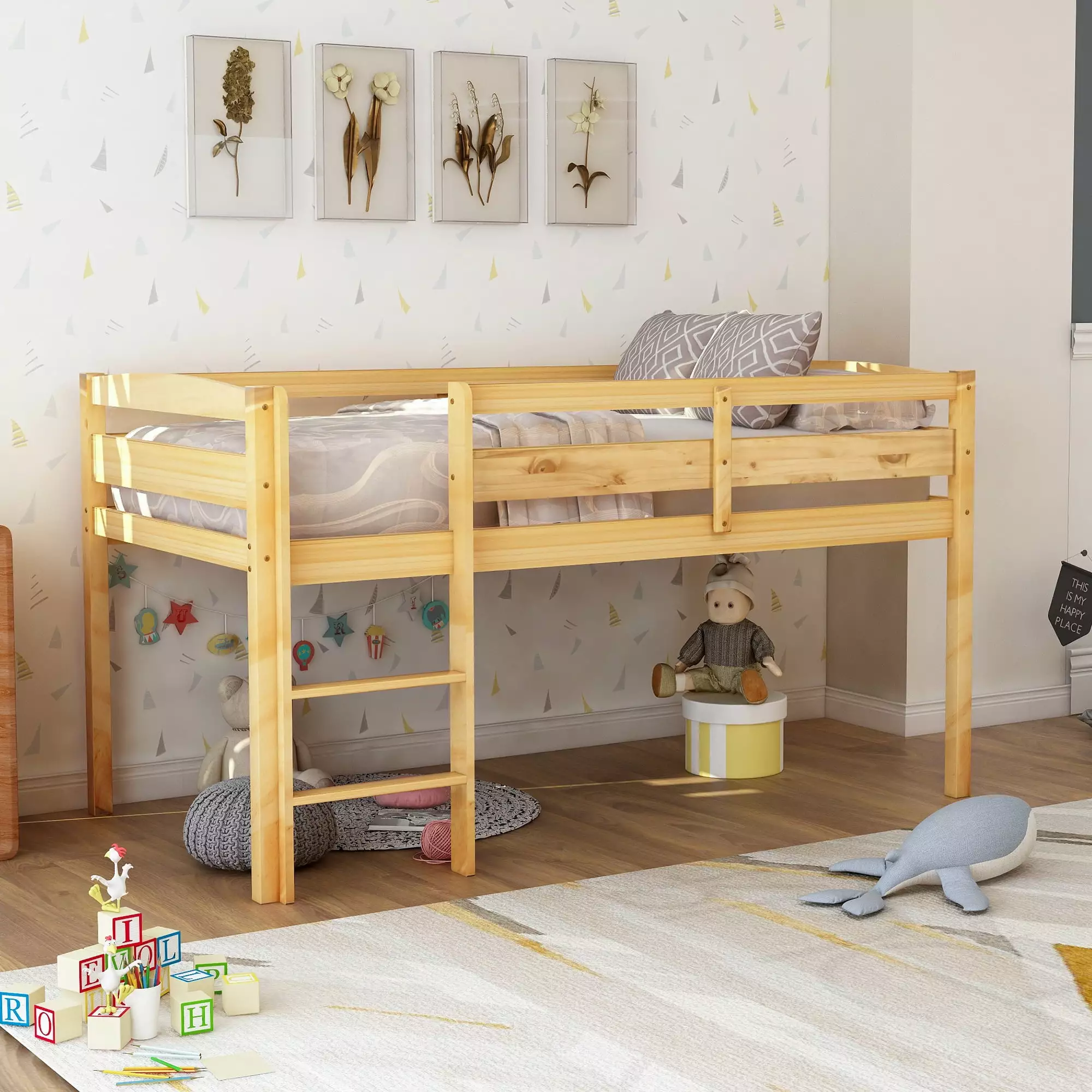 Twin Wood Low Loft Bed Full-length Guard Rail and Ladder Kids Teens Adults Natural BTMWAY
