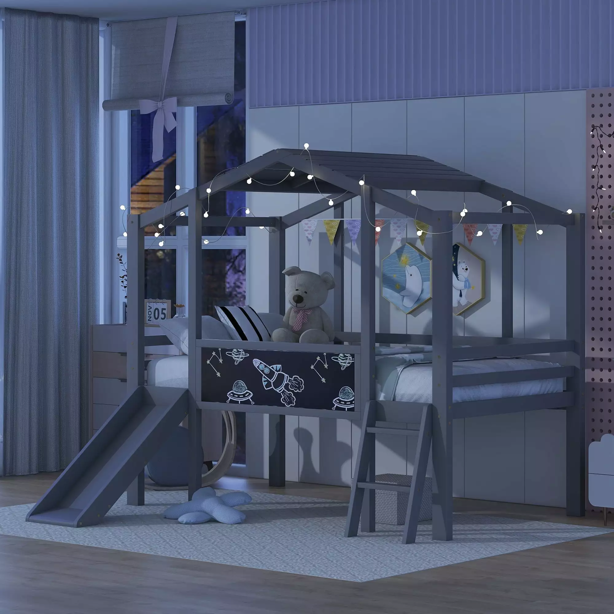 Churanty Twin Size Loft Bed Slide Low Loft Bed Solid Wood Houtilize Bed Blackboard Light Strip Gray