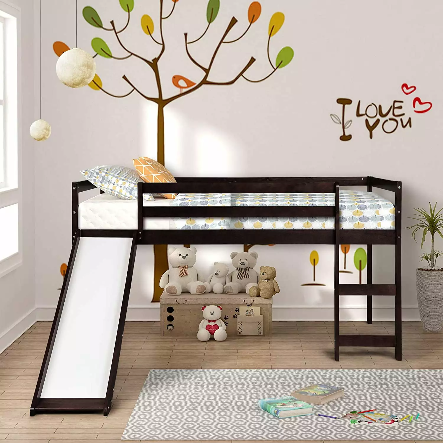 Churanty Wood Loft Bed Slide Kids Twin Size and Espresso Finish