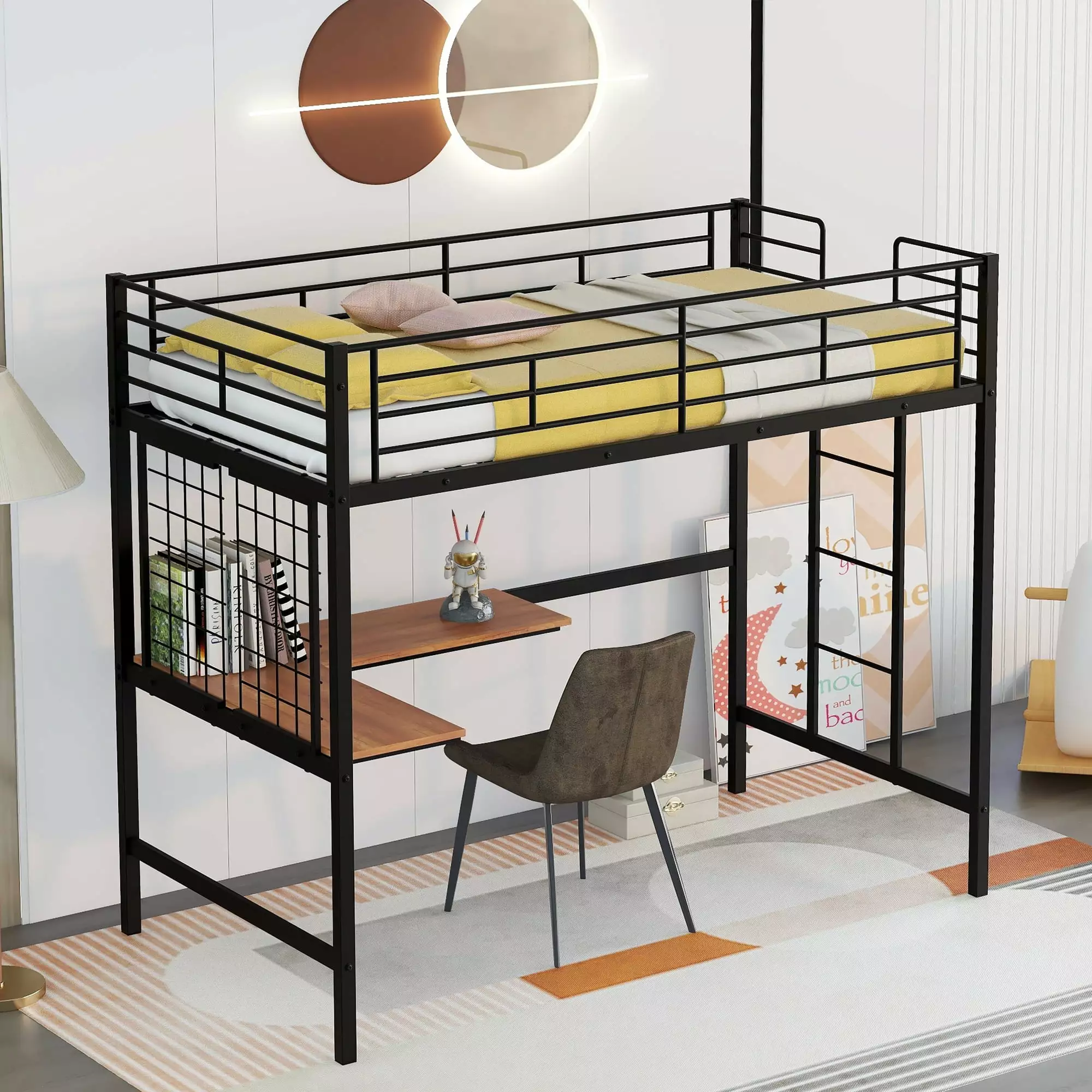 CITYLE Twin Metal Loft Bed Desk and Storage Shelves Kids Teens and Adults