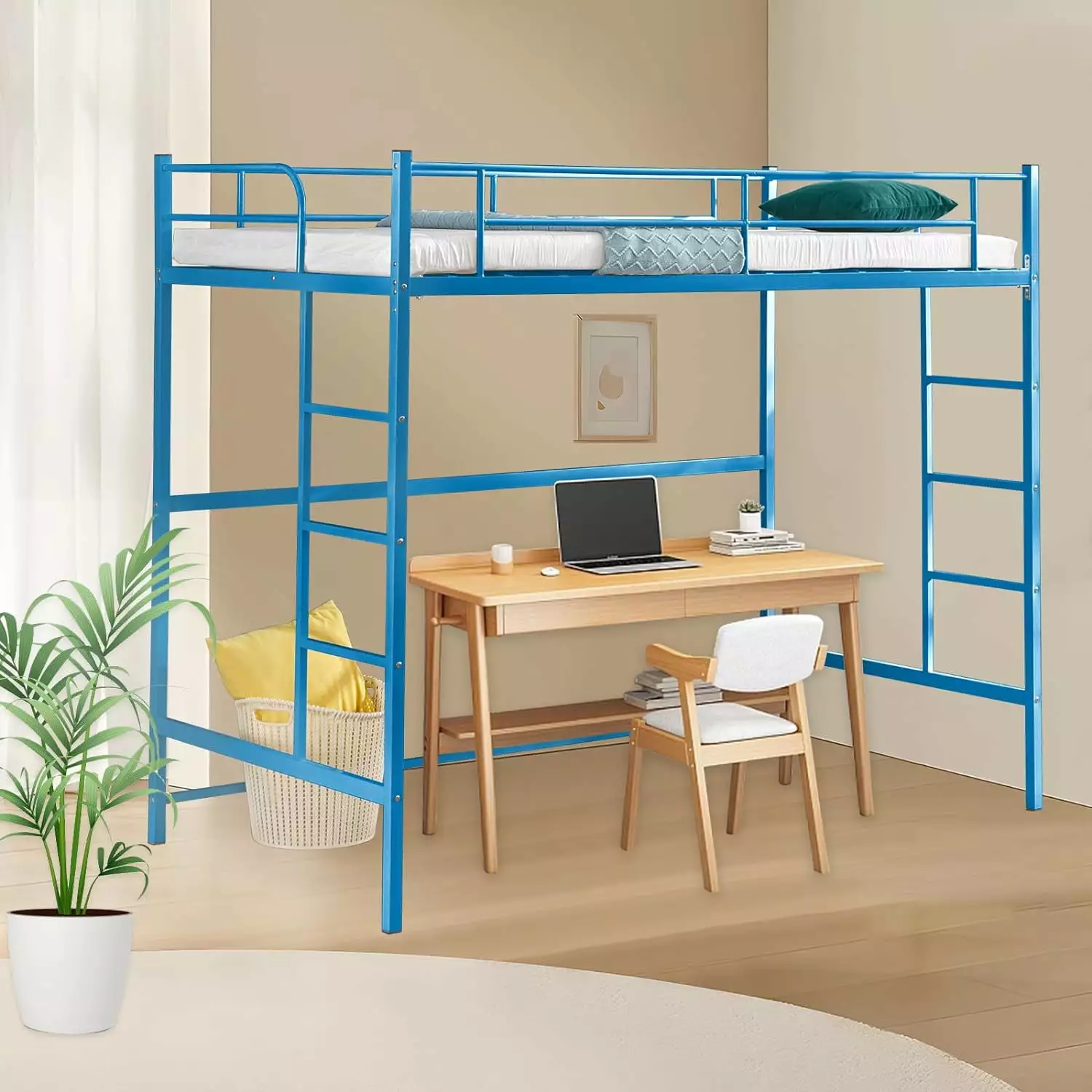 Cuoote Twin Size Loft Bed Ladder and Guardrail Blue Modern Industrial Style