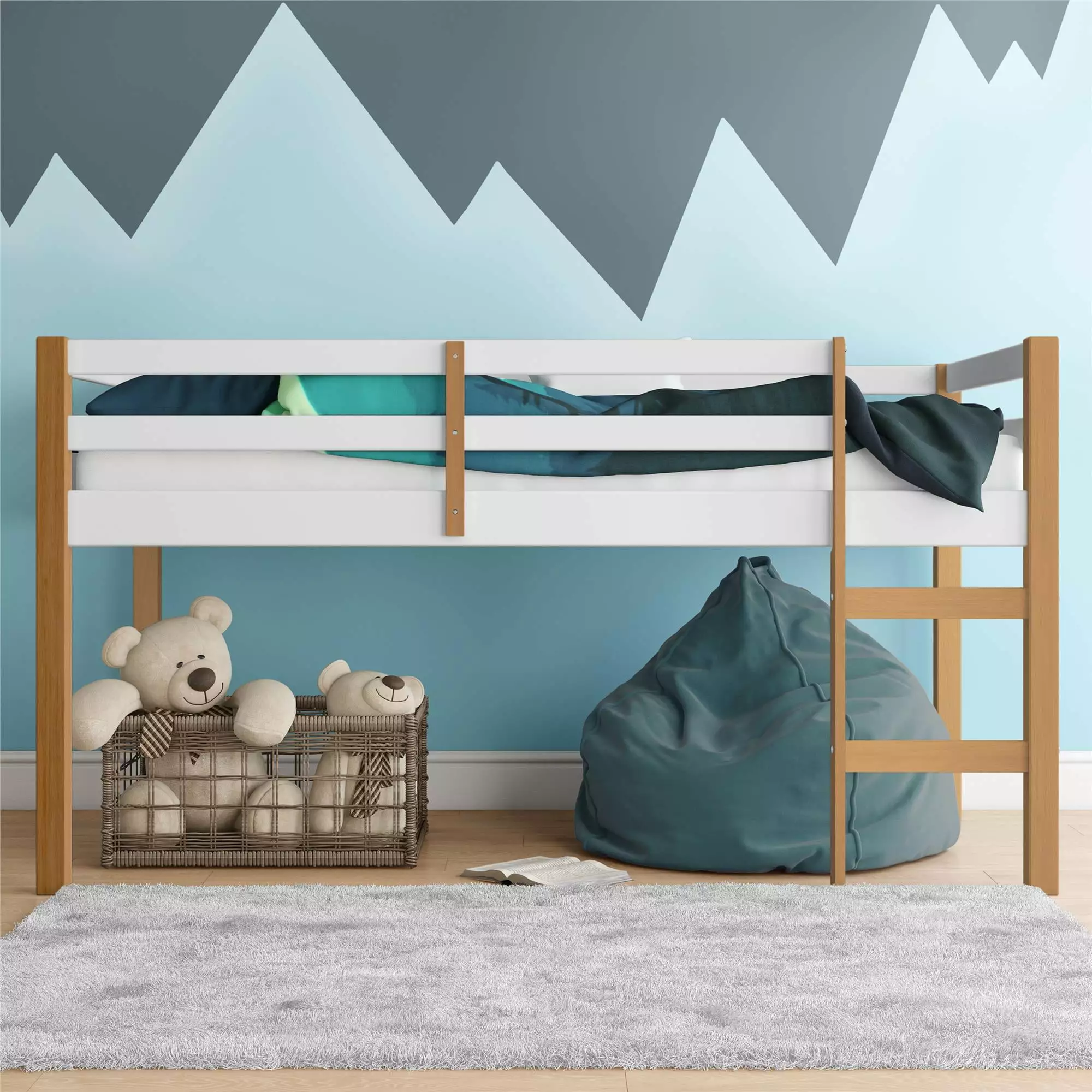 DHP Benson Junior Twin Size Wooden Loft Bed Natural and White Finish