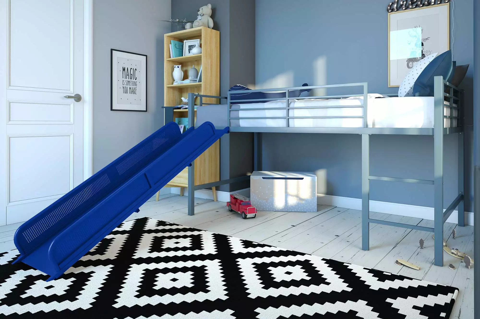 DHP Lively Junior Twin Metal Loft Bed Blue Slide Silver Finish
