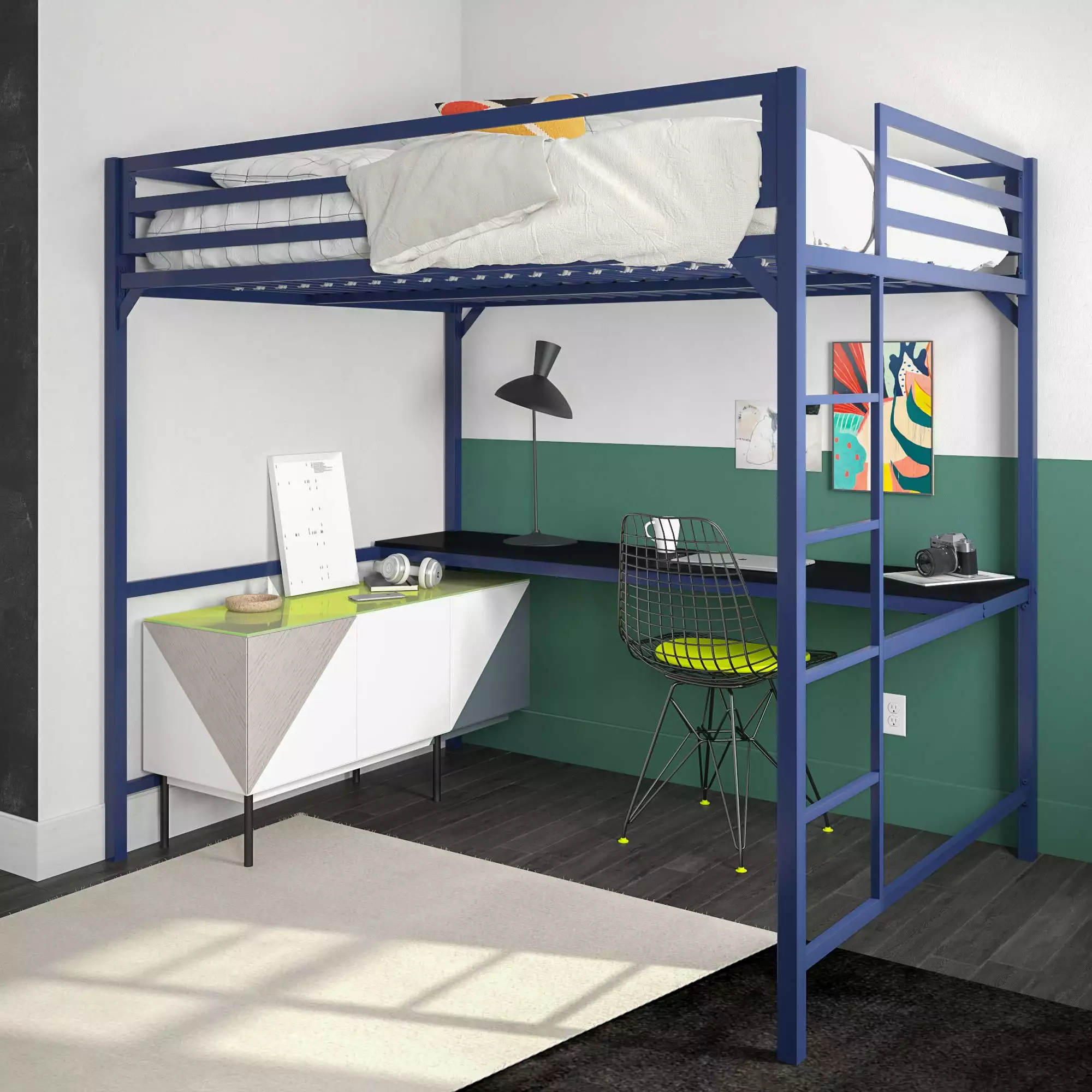 DHP Miles Metal Full Loft Bed Desk Blue