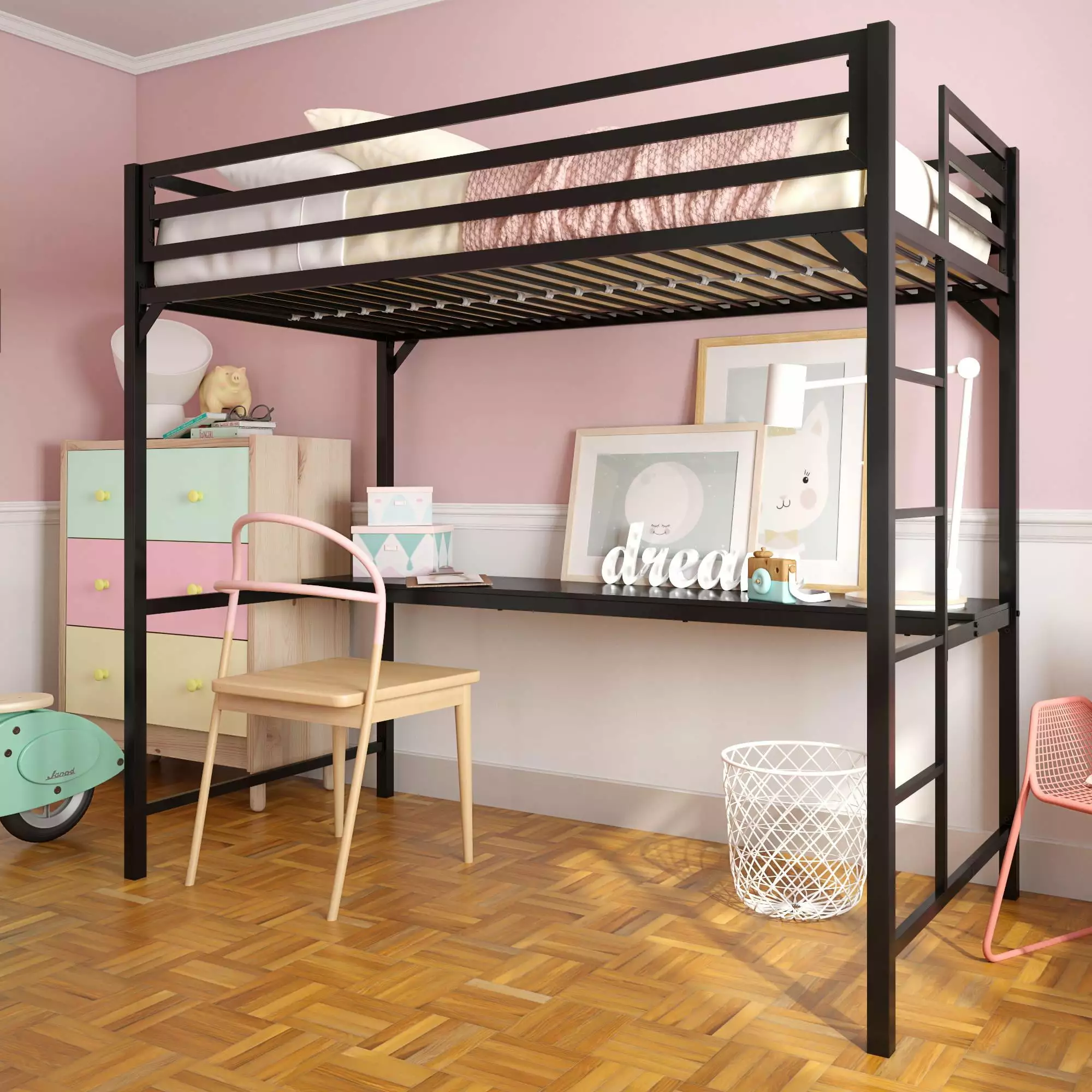 DHP Miles Metal Twin Loft Bed Desk Black