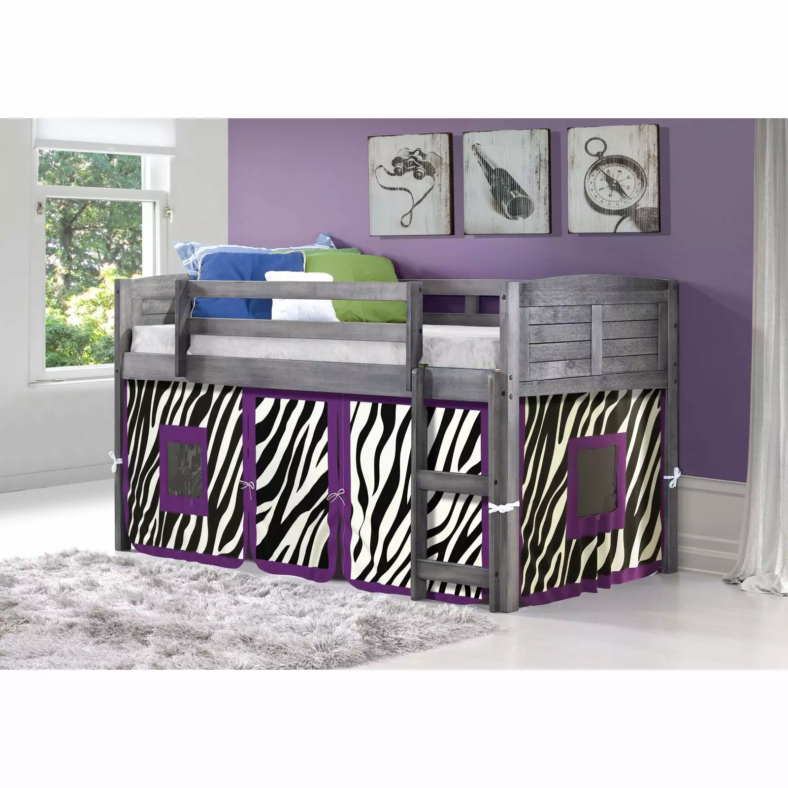 Donco Kids Louver Twin Antique Grey Low Loft Bed Zebra Print Tent