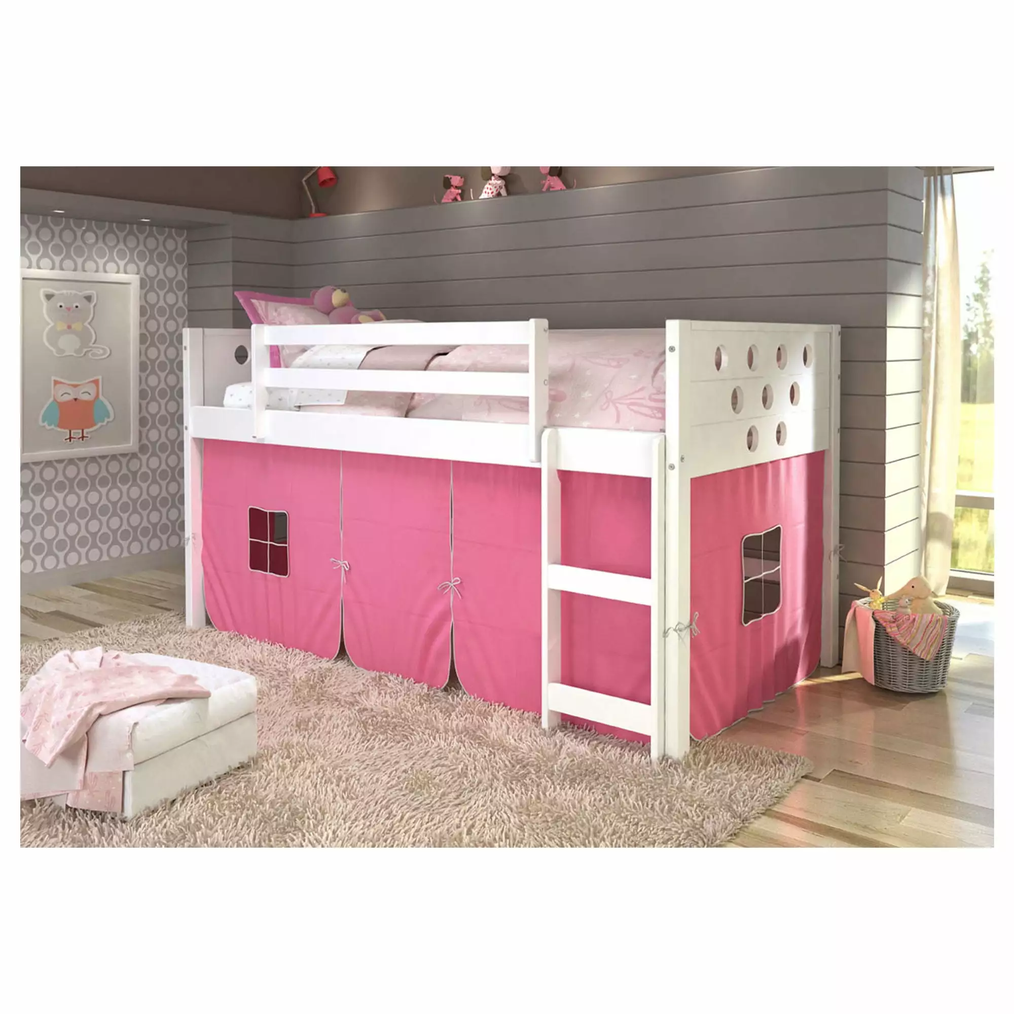 Donco Kids Louvre Low Captain's Loft Twin Bed - White Pink Tent - Pine Wood