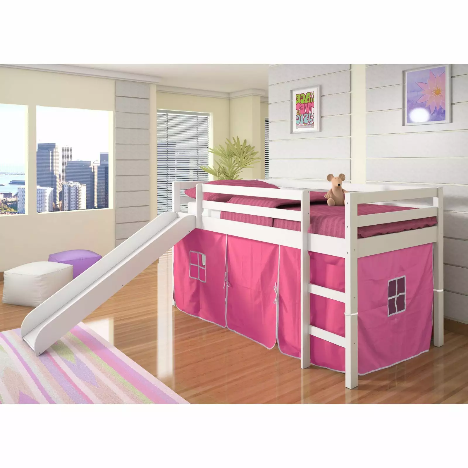 Donco Kids Twin Loft Bed Pink Tent and Slide White