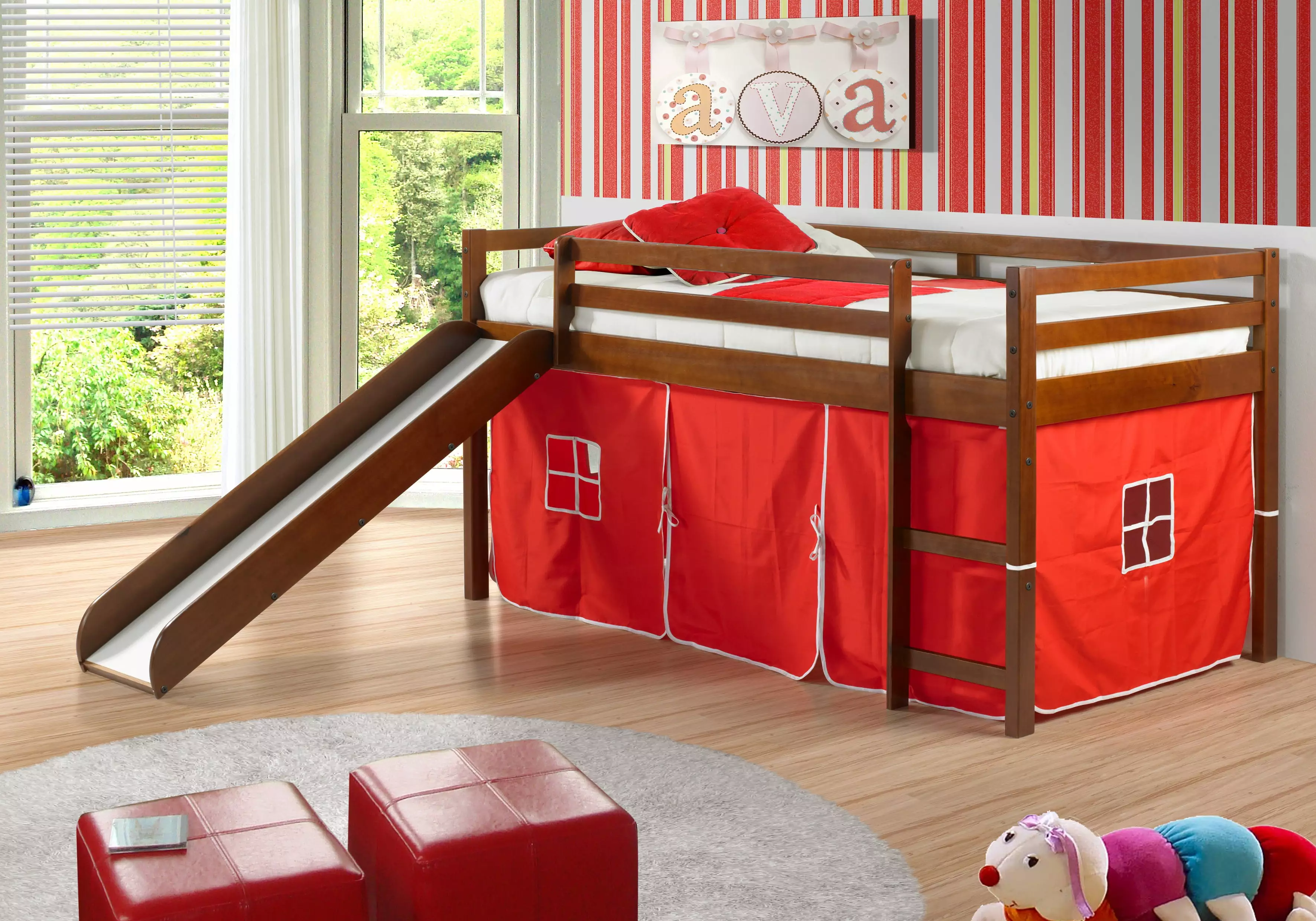 Donco Kids Twin Loft Bed Red Tent and Slide Espresso
