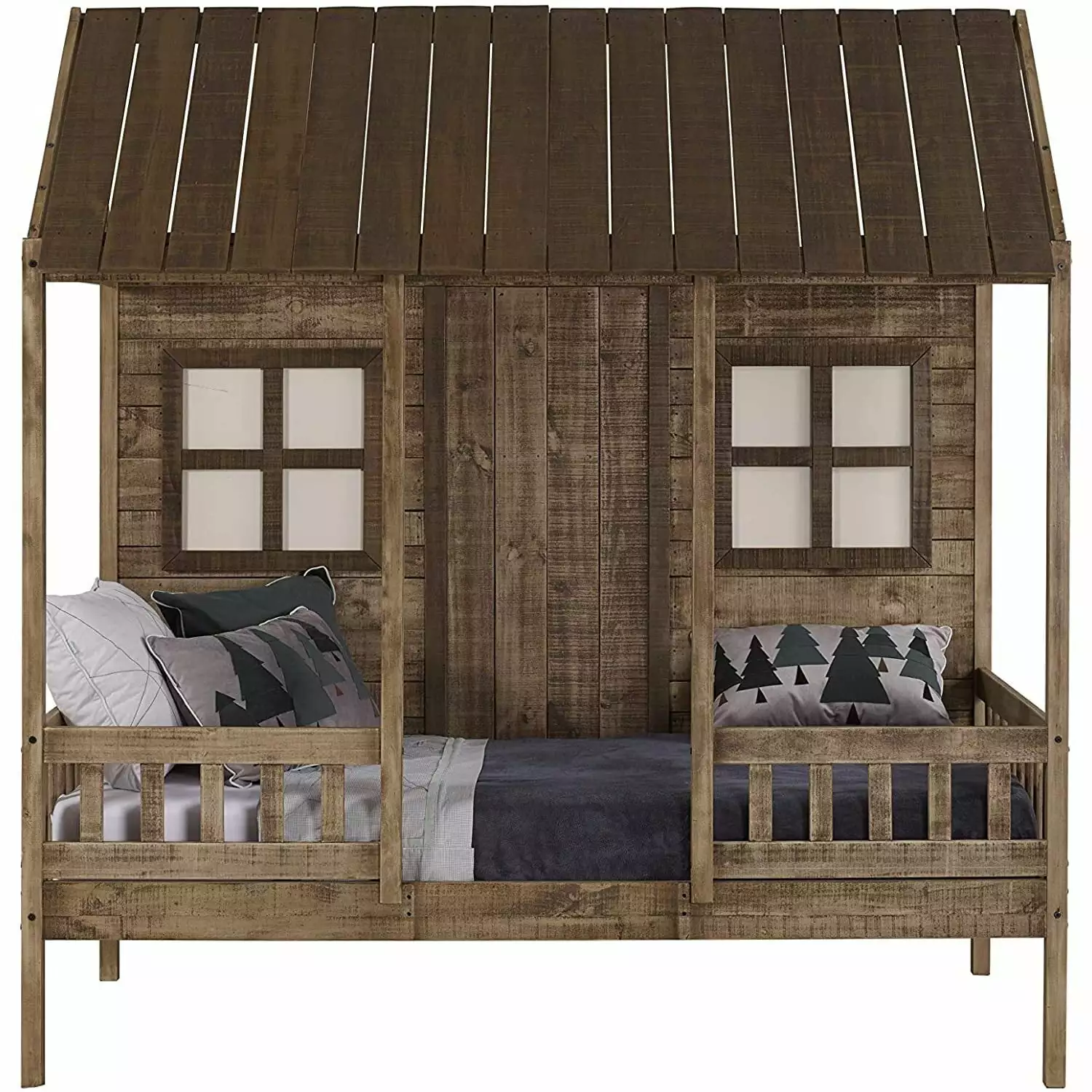 Donco Kids Twin Size Front Porch Low Loft Bed Rustic Driftwood Color Boys Girls