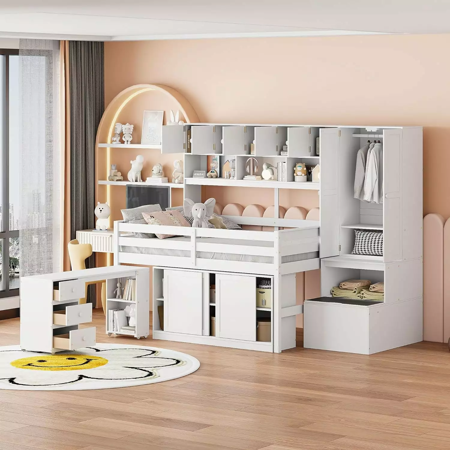 Loft Bed Big Storage Under-bed Desk - Wooden Bed Frame Drawers and Shelves - No Boxspring Needed - White - Full Size Ecautly
