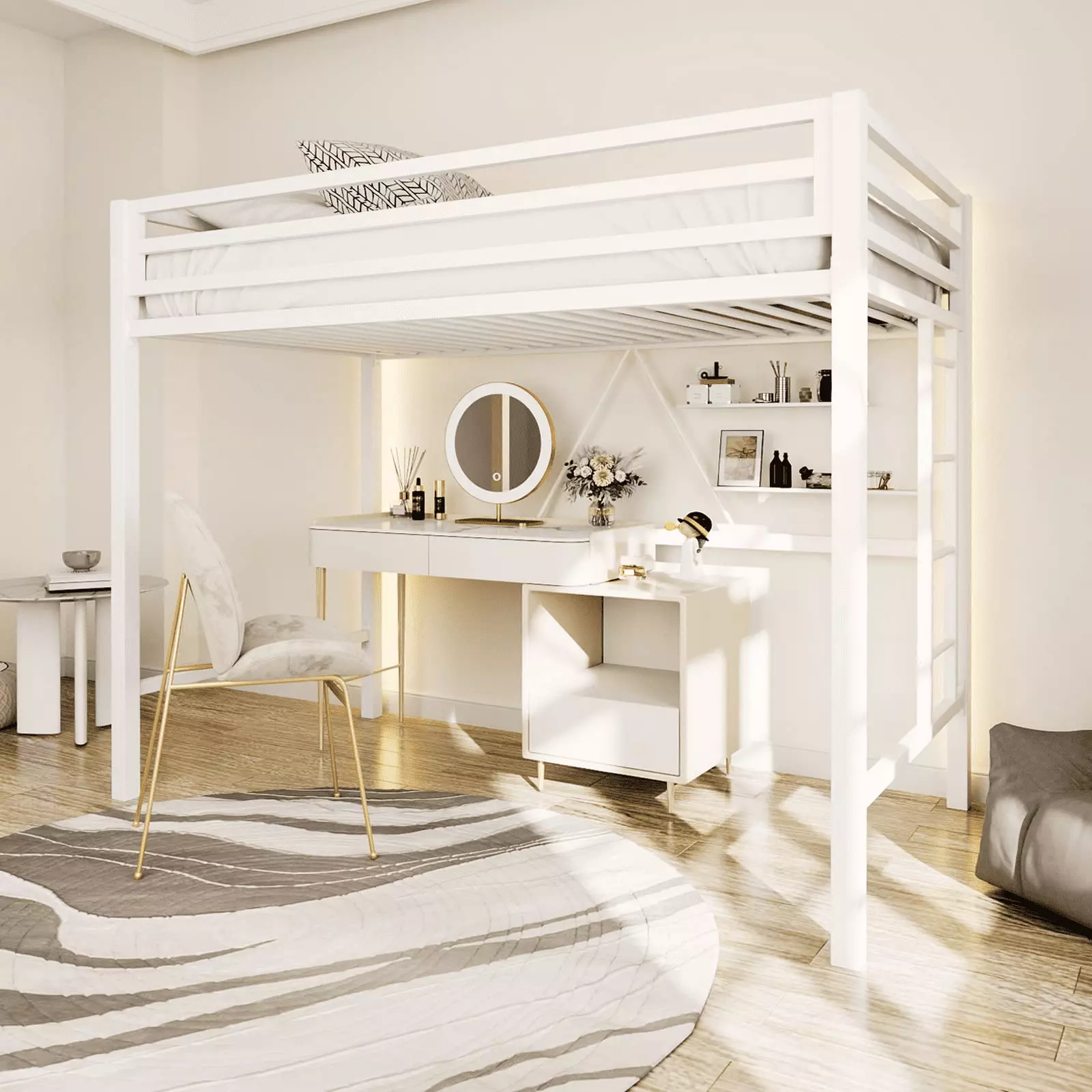 Einfach Twin Size Loft Bed Kids Removable Metal Ladder White Finish