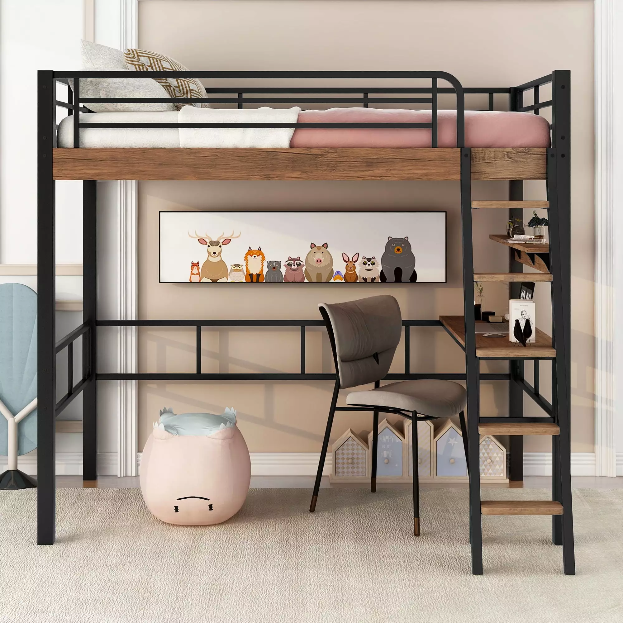 Euroco Black Metal Twin Loft Bed Built- Desk Shelf Kids Study Bed