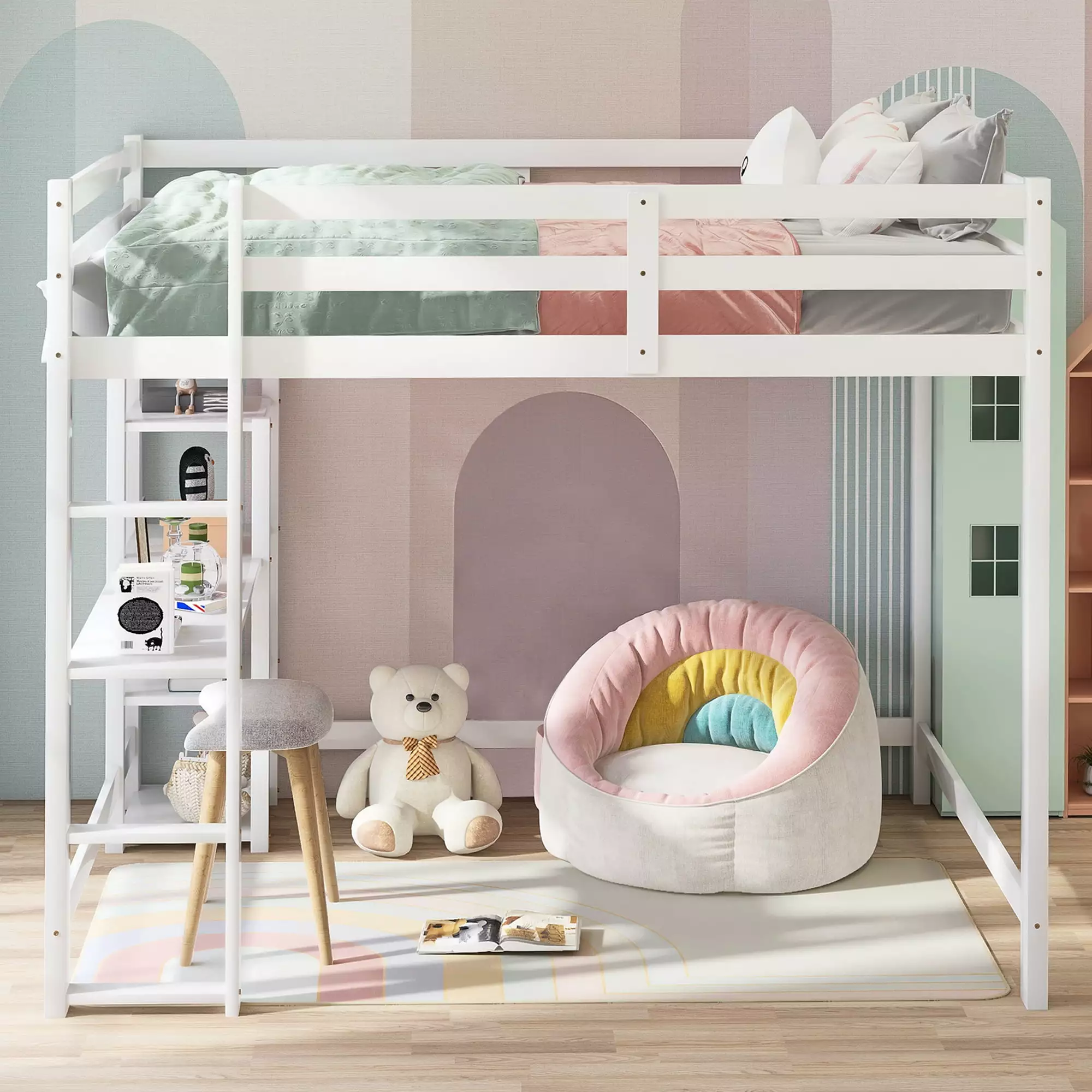Euroco Full Loft Bed Built- Desk and Shelf Kids Bedroom White