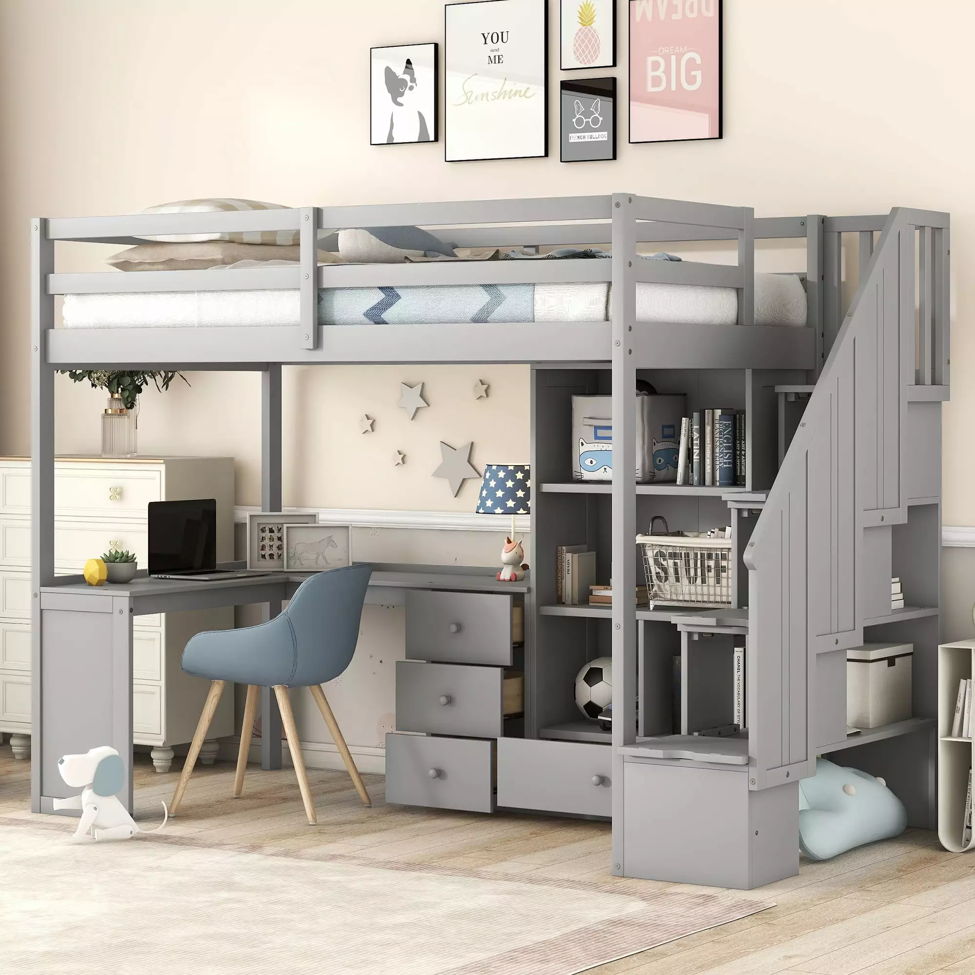 Euroco Gray Wood Twin Loft Bed Storage Cabinet Desk Display Case Kids Bedroom