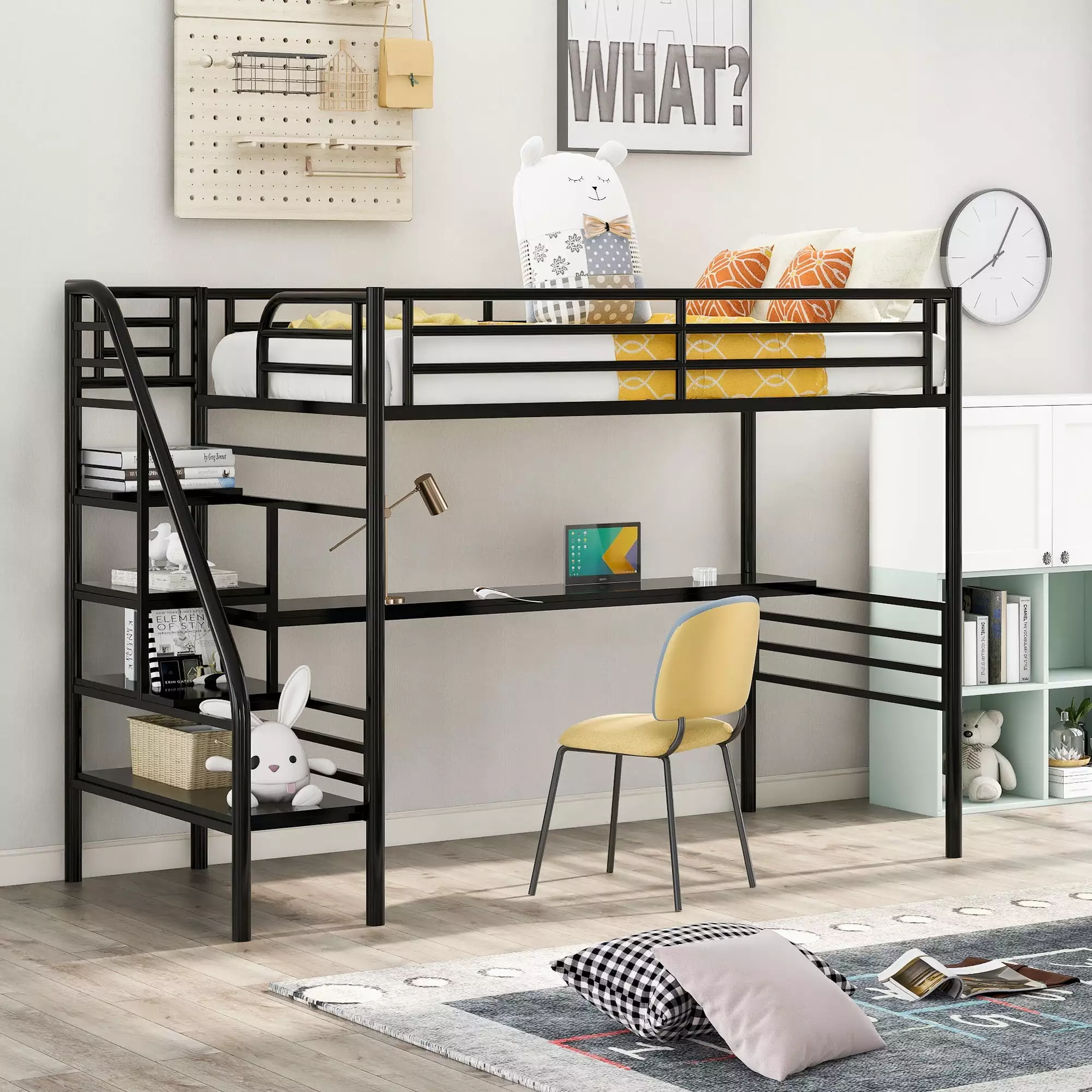 Euroco Metal Twin Size Loft Bed Desk and Stairways Kids No Box Spring Needed