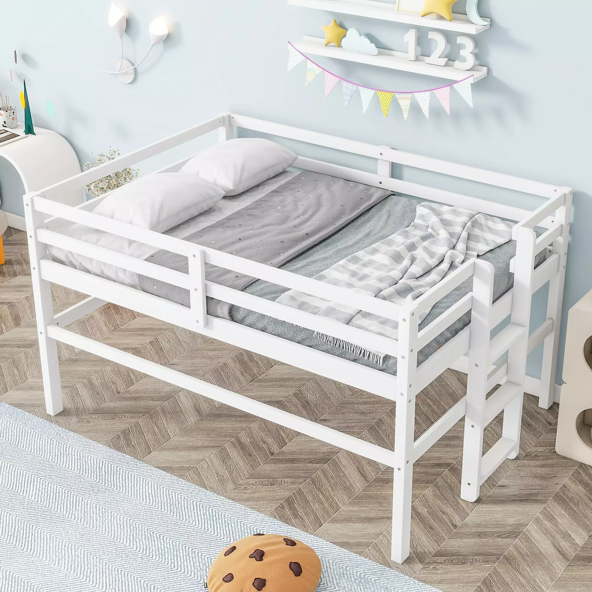 EUROCO Pine Wood Twin Loft Bed Ladder Kids Antique White