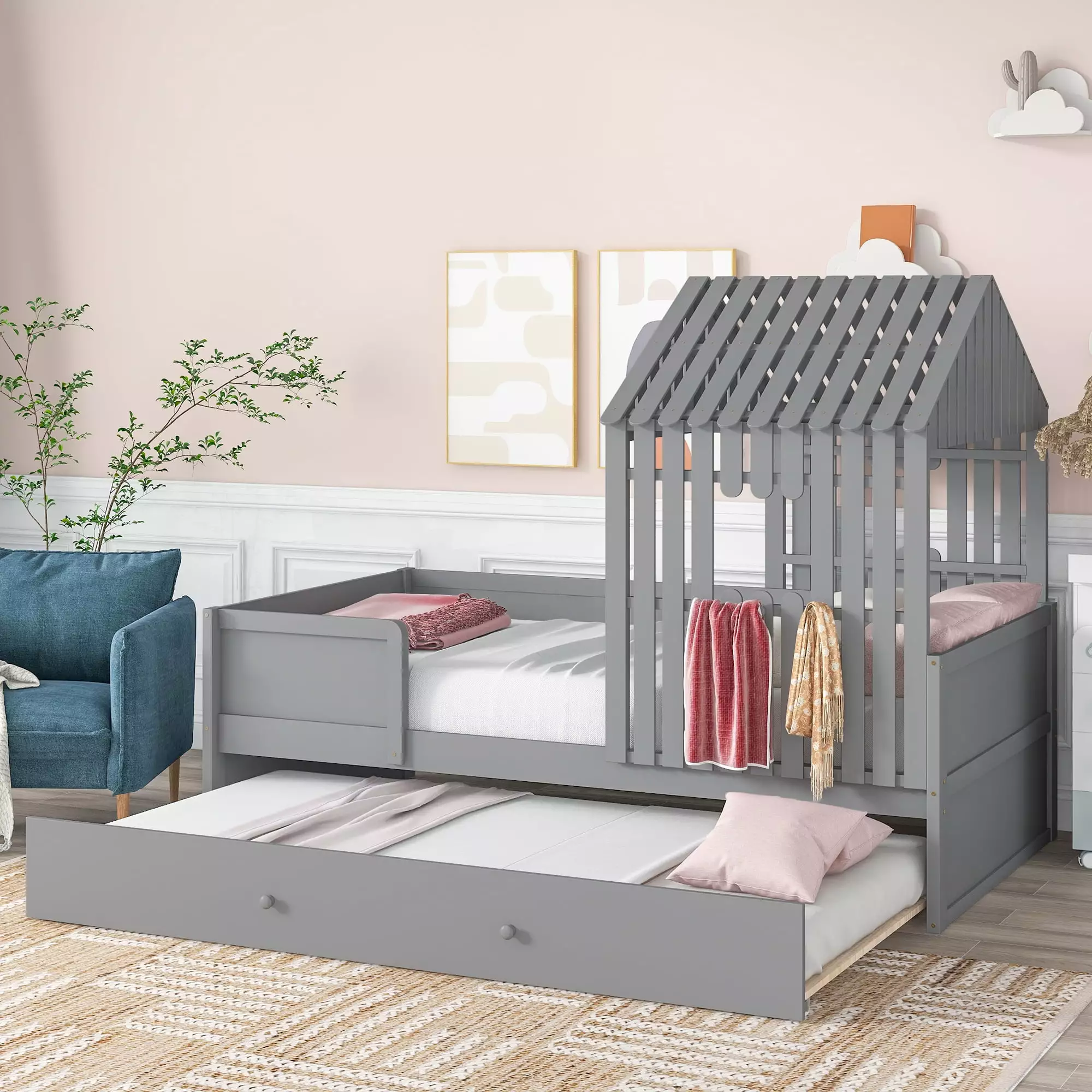 EUROCO Twin Houtilize Loft Bed Roof and Trundle Kids Gray