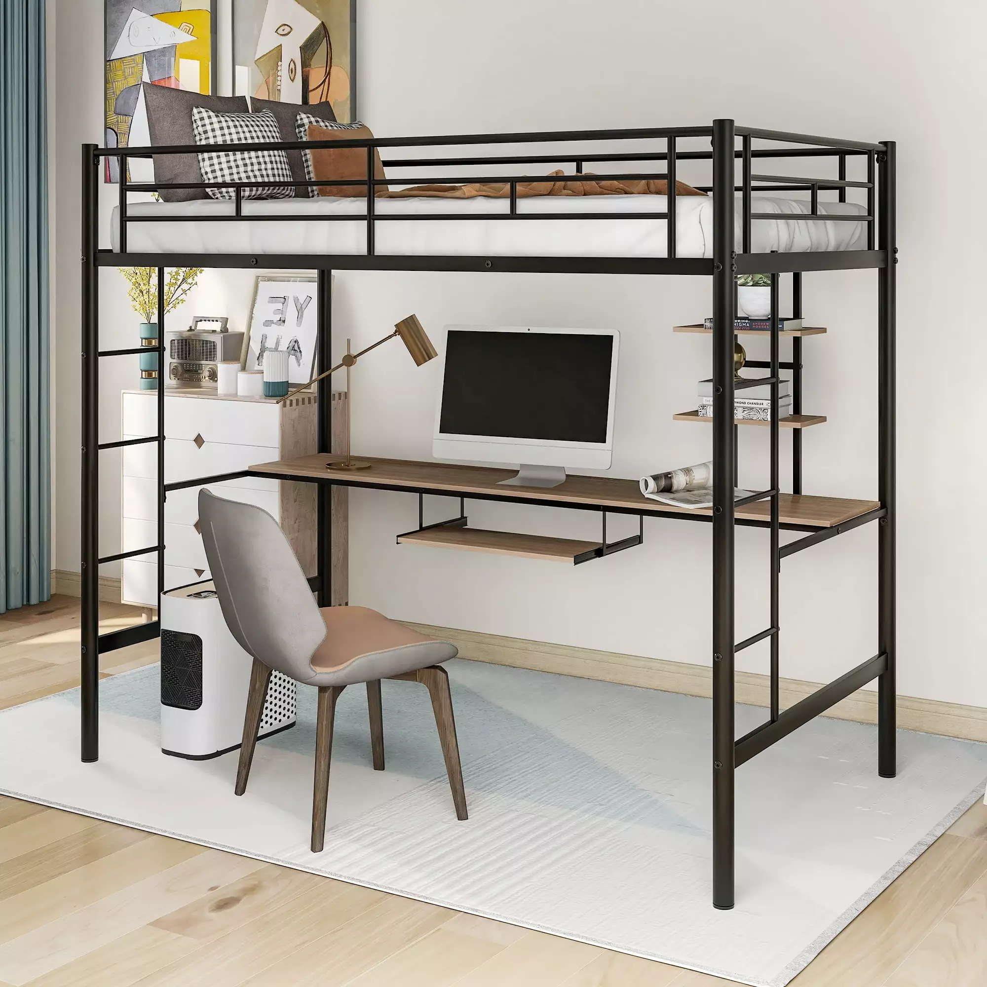 EUROCO Twin Metal Loft Bed Desk and Keyboard Tray Kids