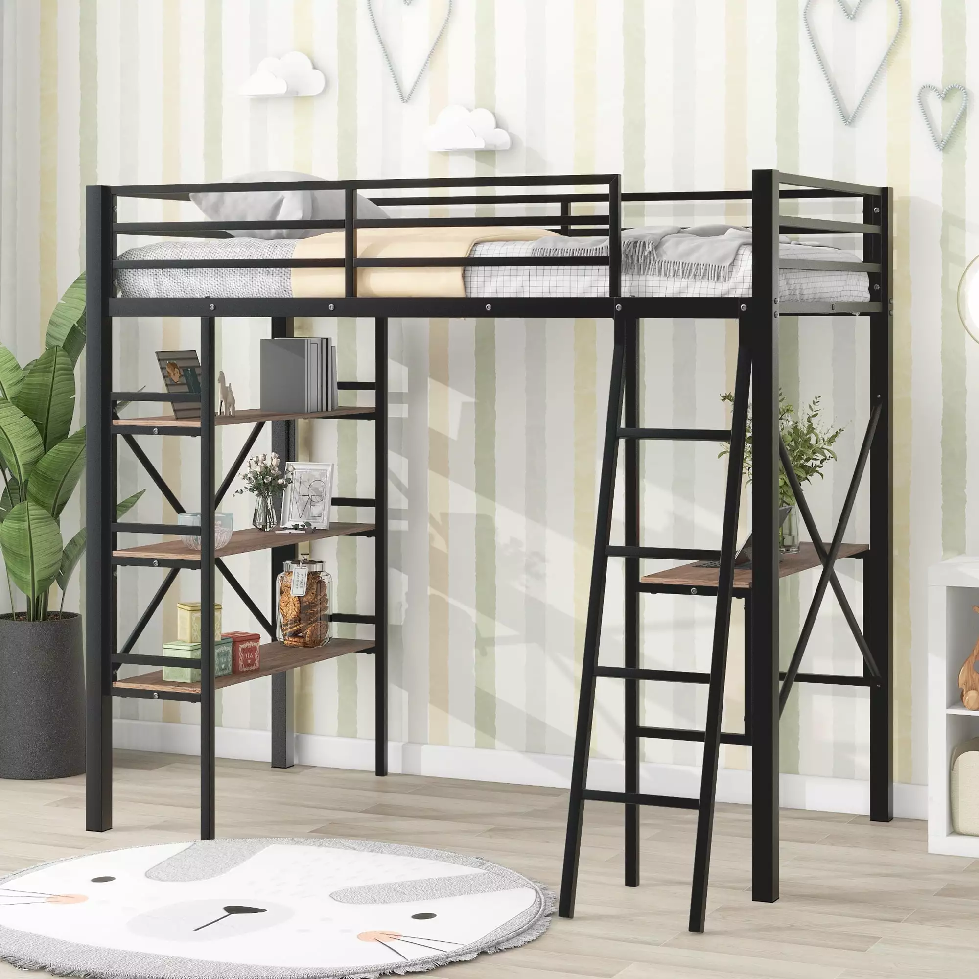 Euroco Twin Size Metal Loft Bed 3-Tier Shelves and Built- Desk Kids Bedroom Black