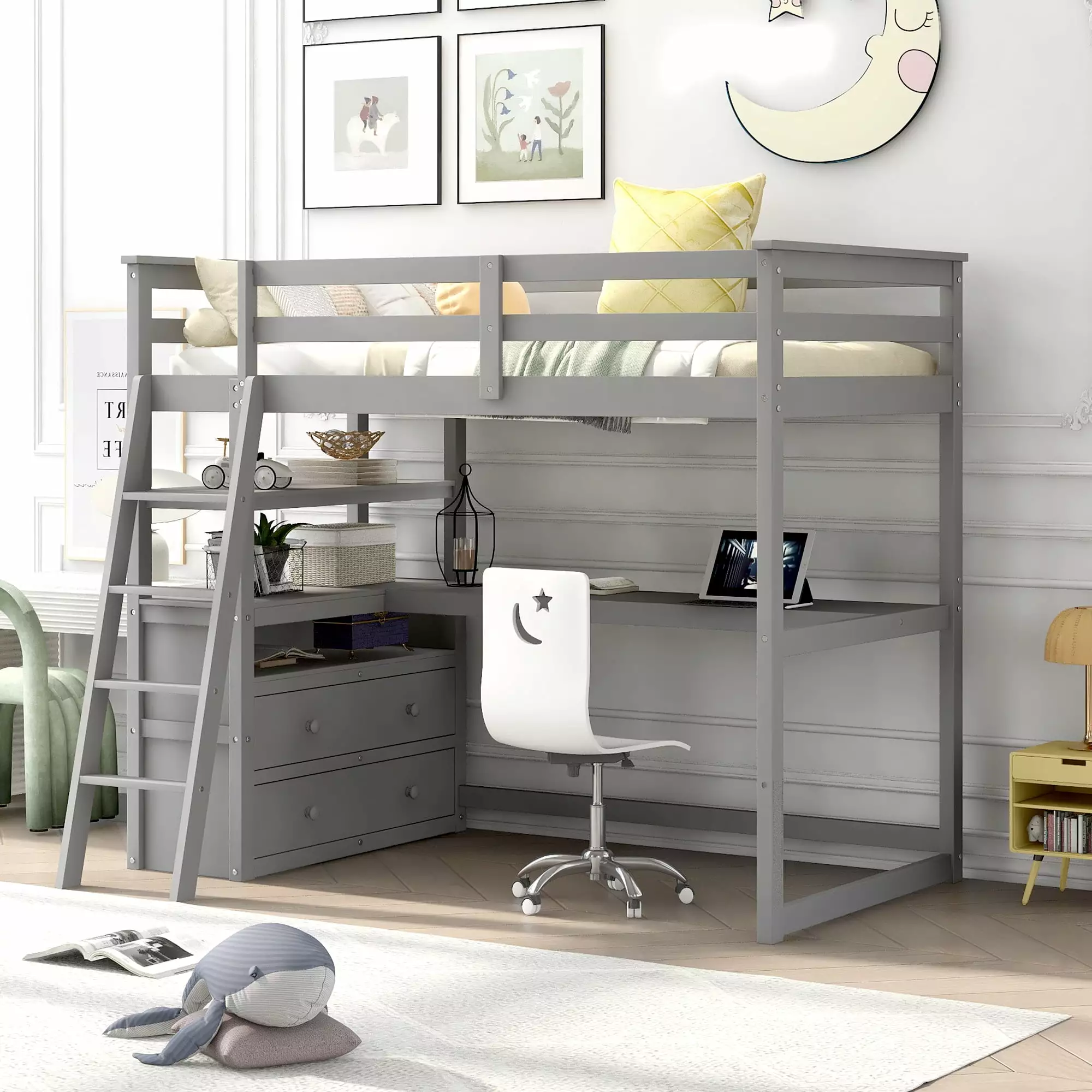 Euroco Twin Size Wood Loft Bed Desk Shelves and Cabinets Kids Room Gray